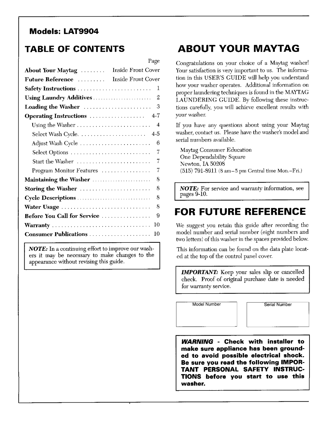 Maytag LAT9904 operating instructions Table of Contents 