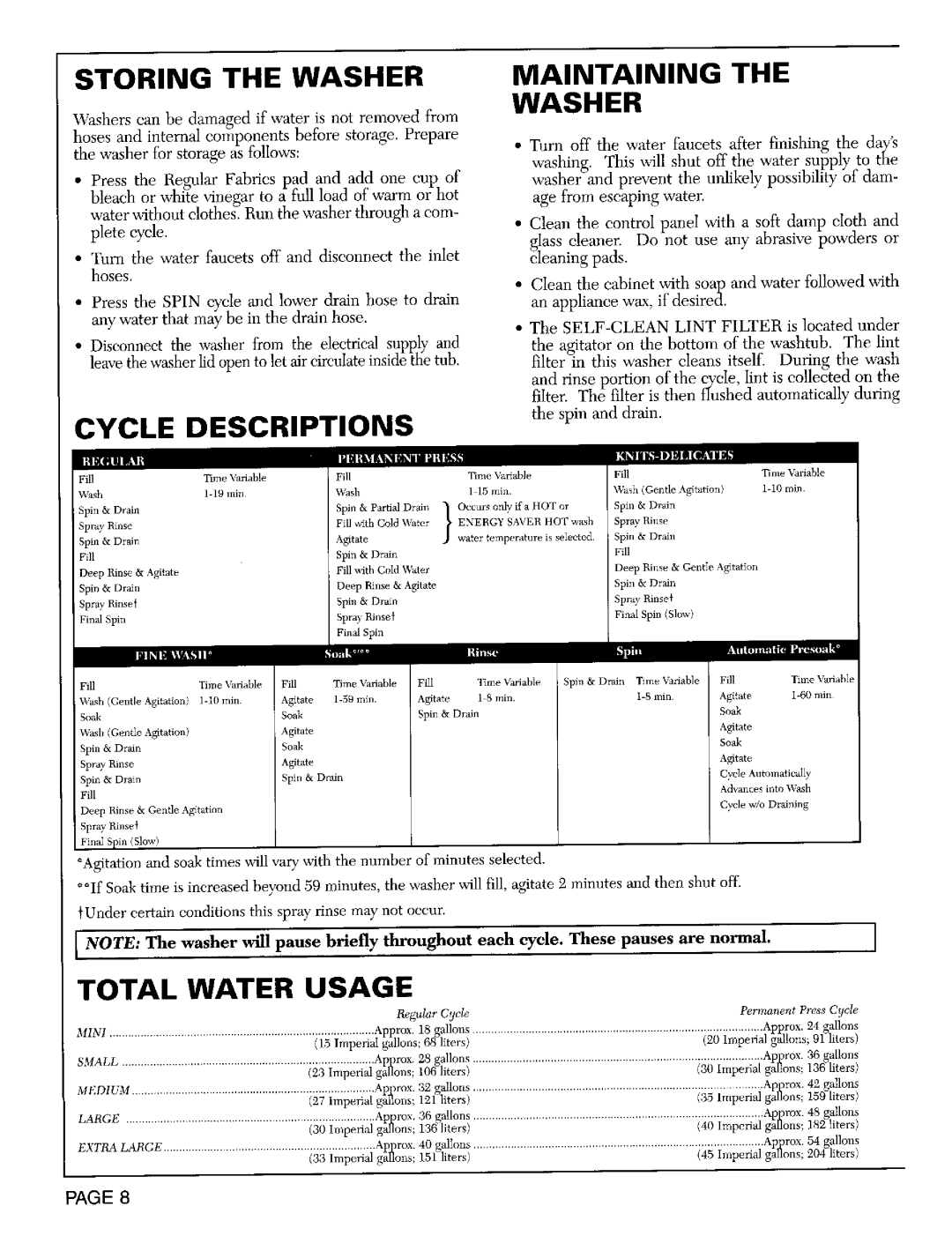 Maytag LAT9904 operating instructions Storing the Washer Maintaining, Cycle Descriptions, Mwi.9nw l, h, QklmL ,J ,=tlm 