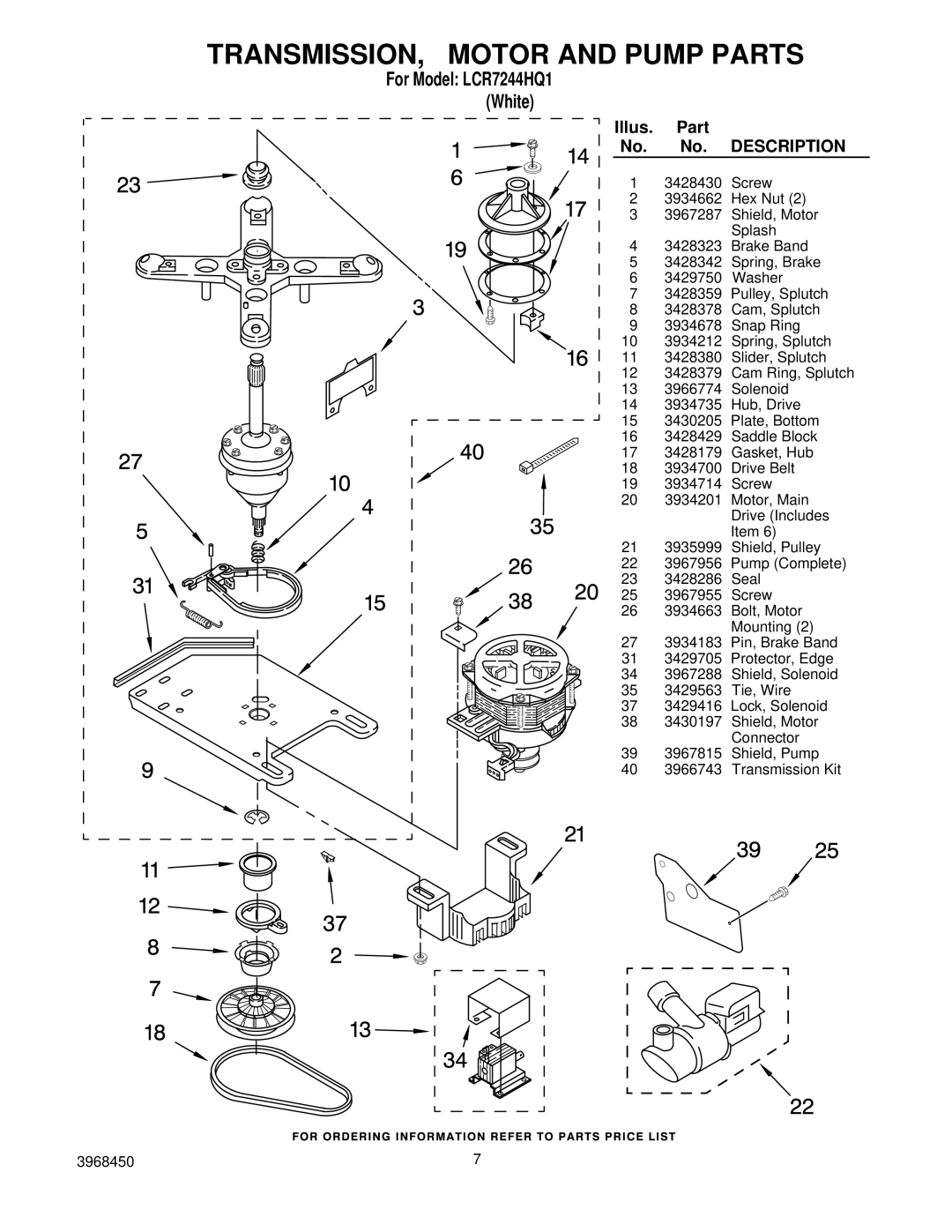 Maytag LCR7244HQ1 manual TRANSMISSION, Motor and Pump Parts, Description 