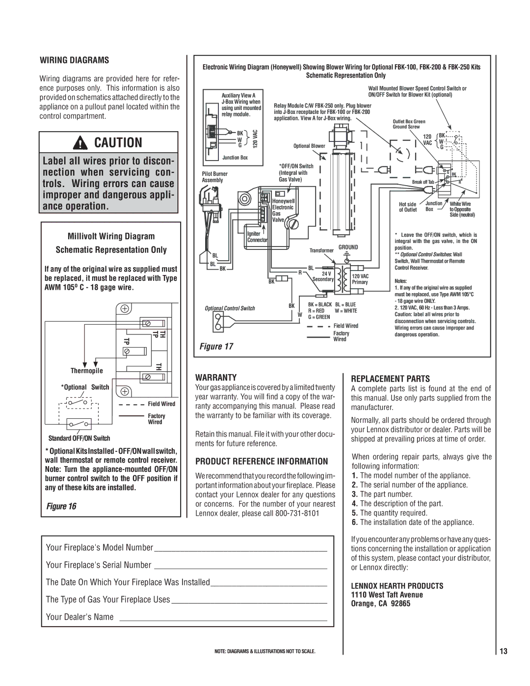 Maytag LMDV-33 SERIES Wiring Diagrams, Millivolt Wiring Diagram, Warranty Replacement Parts, Your Fireplaces Model Number 