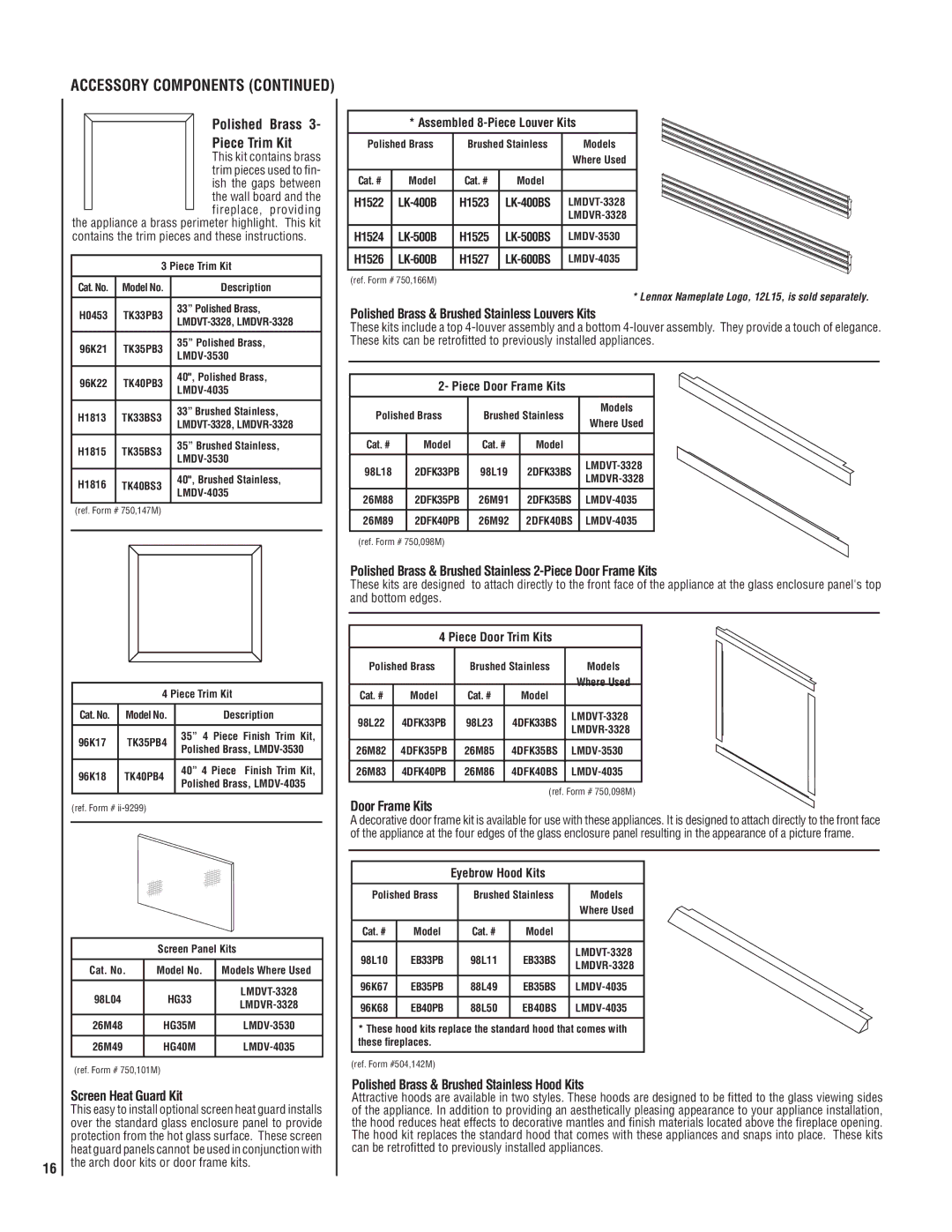 Maytag LMDV-33 SERIES, LMDV-40 SERIES, LMDV-35 SERIES Polished Brass Piece Trim Kit, Screen Heat Guard Kit, Door Frame Kits 