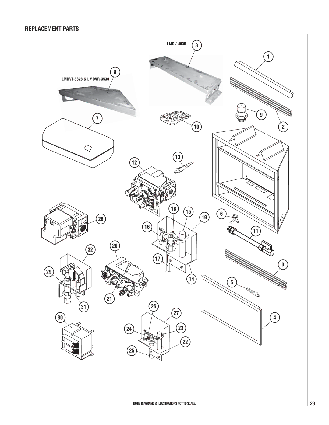 Maytag LMDV-35 SERIES, LMDV-40 SERIES, LMDV-33 SERIES manual Replacement Parts, LMDV-4035 LMDVT-3328 & LMDVR-3530 