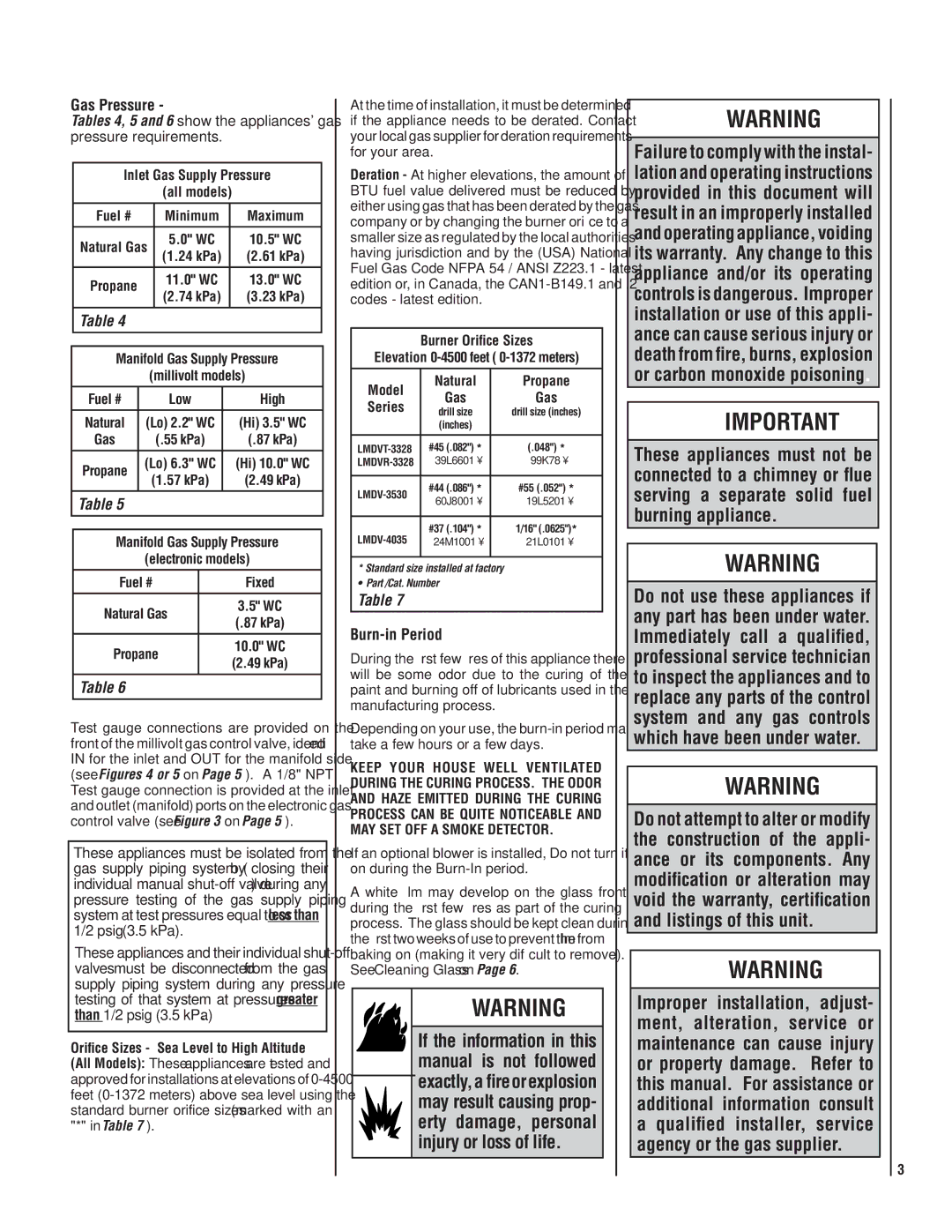 Maytag LMDV-40 SERIES Gas Pressure, Burn-in Period, Inlet Gas Supply Pressure All models Fuel # Minimum Maximum, Series 