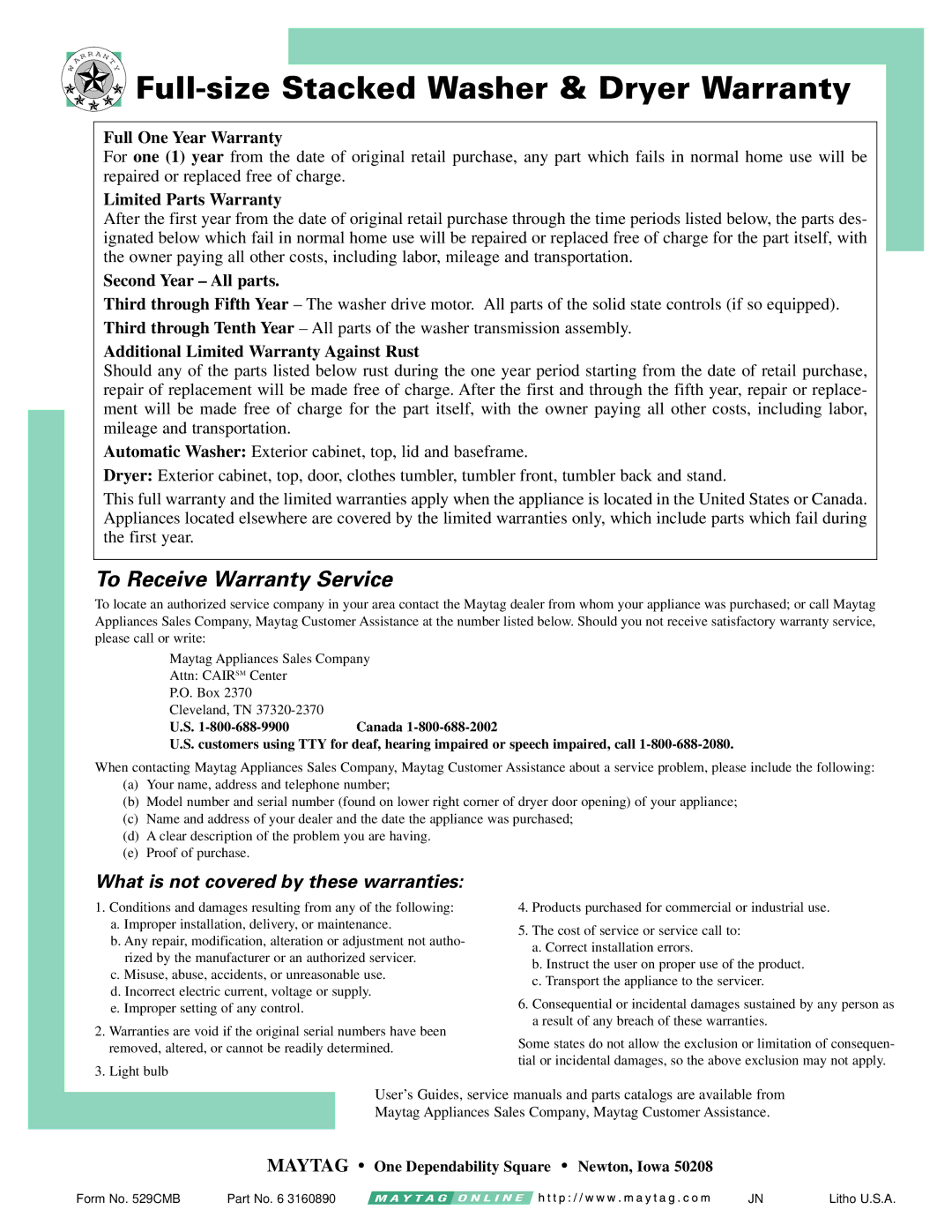 Maytag LS7806S warranty Full-size Stacked Washer & Dryer Warranty, Full One Year Warranty 