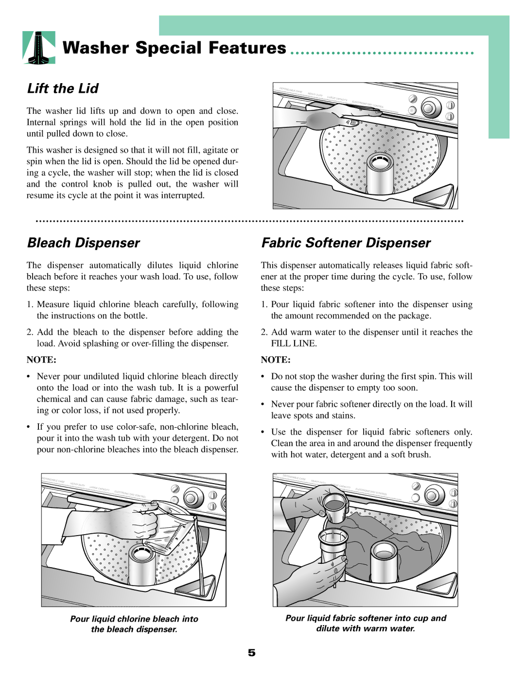 Maytag LS7806S warranty Washer Special Features, Lift the Lid, Bleach Dispenser, Fabric Softener Dispenser 