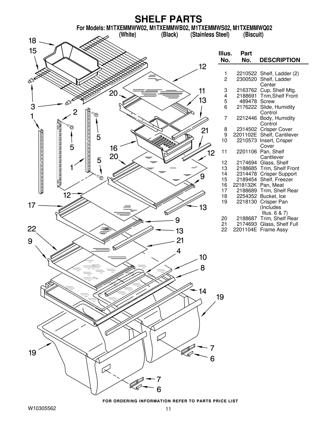 Maytag M1TXEMMWQ02, M1TXEMMWB02, M1TXEMMWS02, M1TXEMMWW02 manual Shelf Parts, Illus Part 