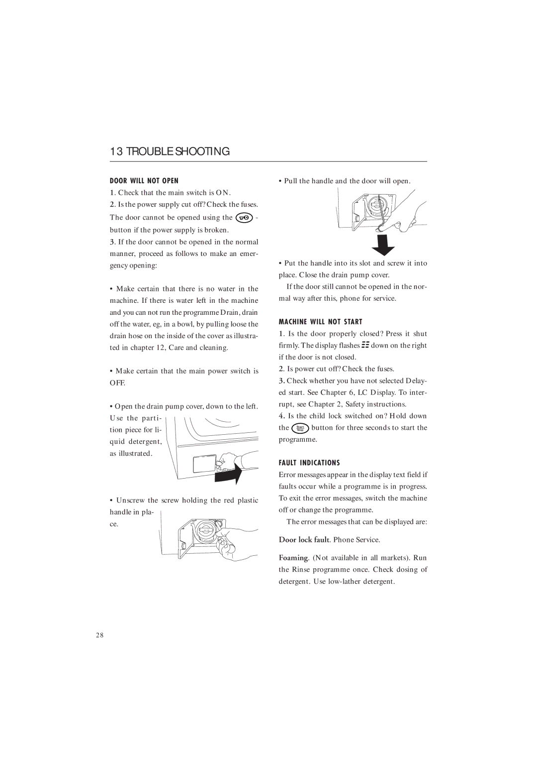 Maytag MAF 9801 manual Trouble Shooting, Door will not Open, Machine will not Start, Fault Indications 