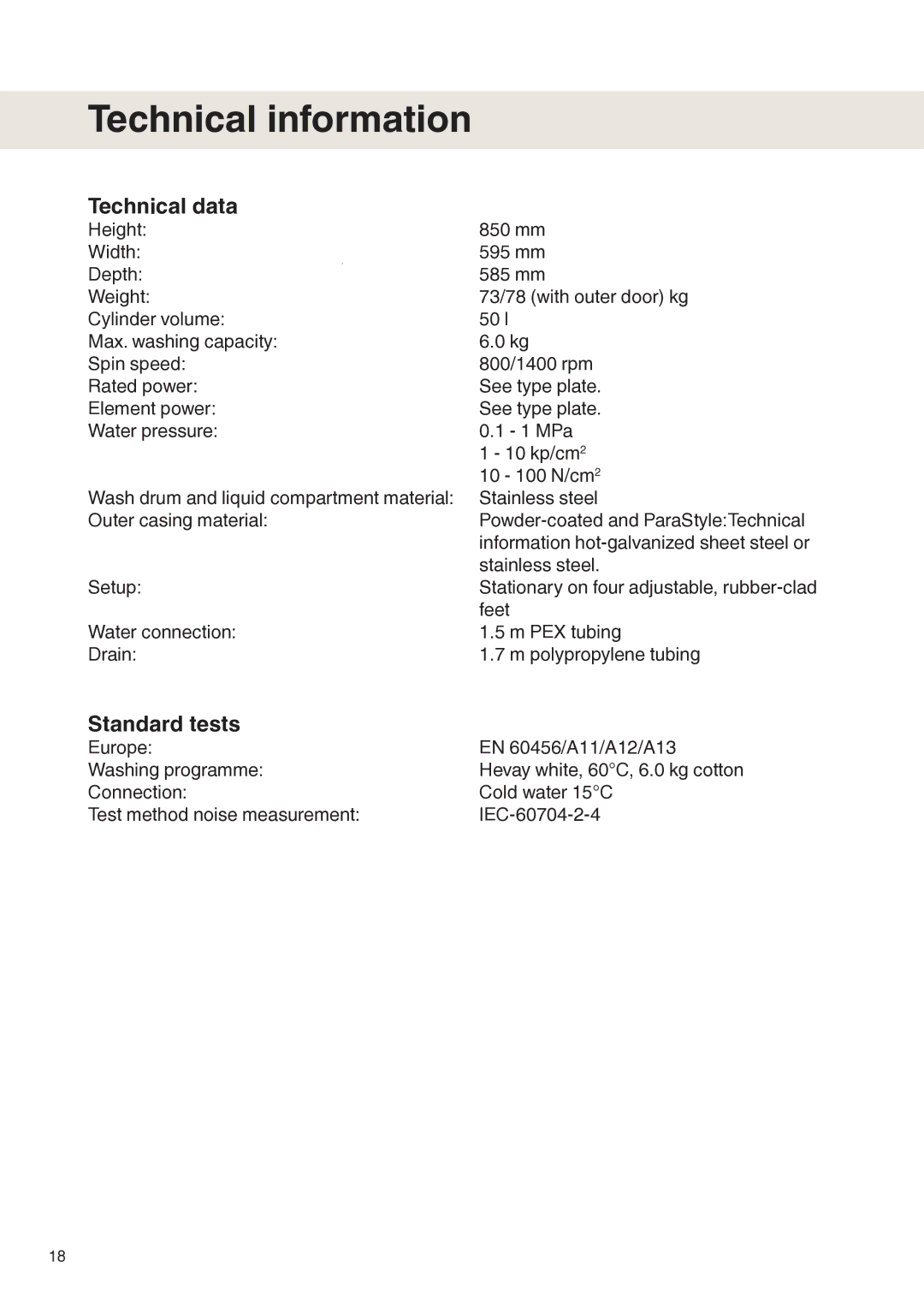 Maytag MAF9501 operating instructions Technical information, Technical data, Standard tests 