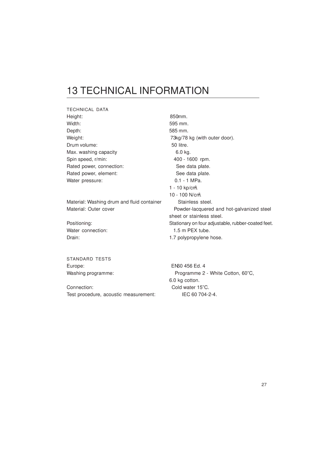 Maytag MAF9601 manual Technical Information, Technical Data, Standard Tests 