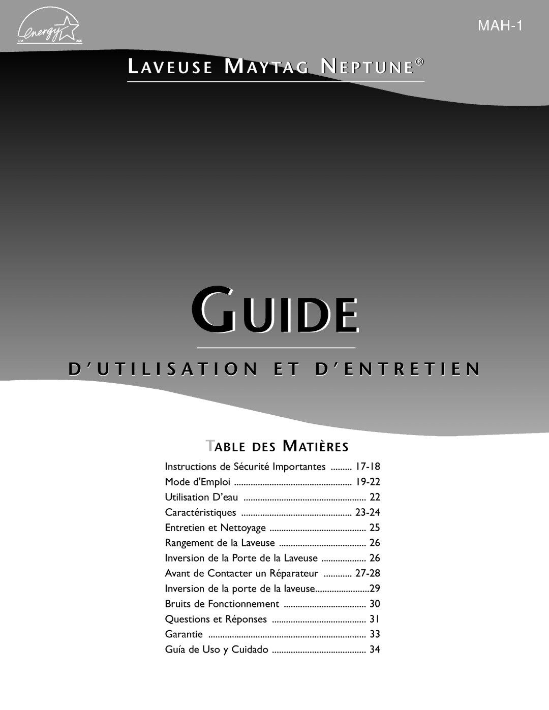 Maytag MAH-1 Instructions de Sécurité Importantes 17-18, 19-22, 23-24, Avant de Contacter un Réparateur 27-28 