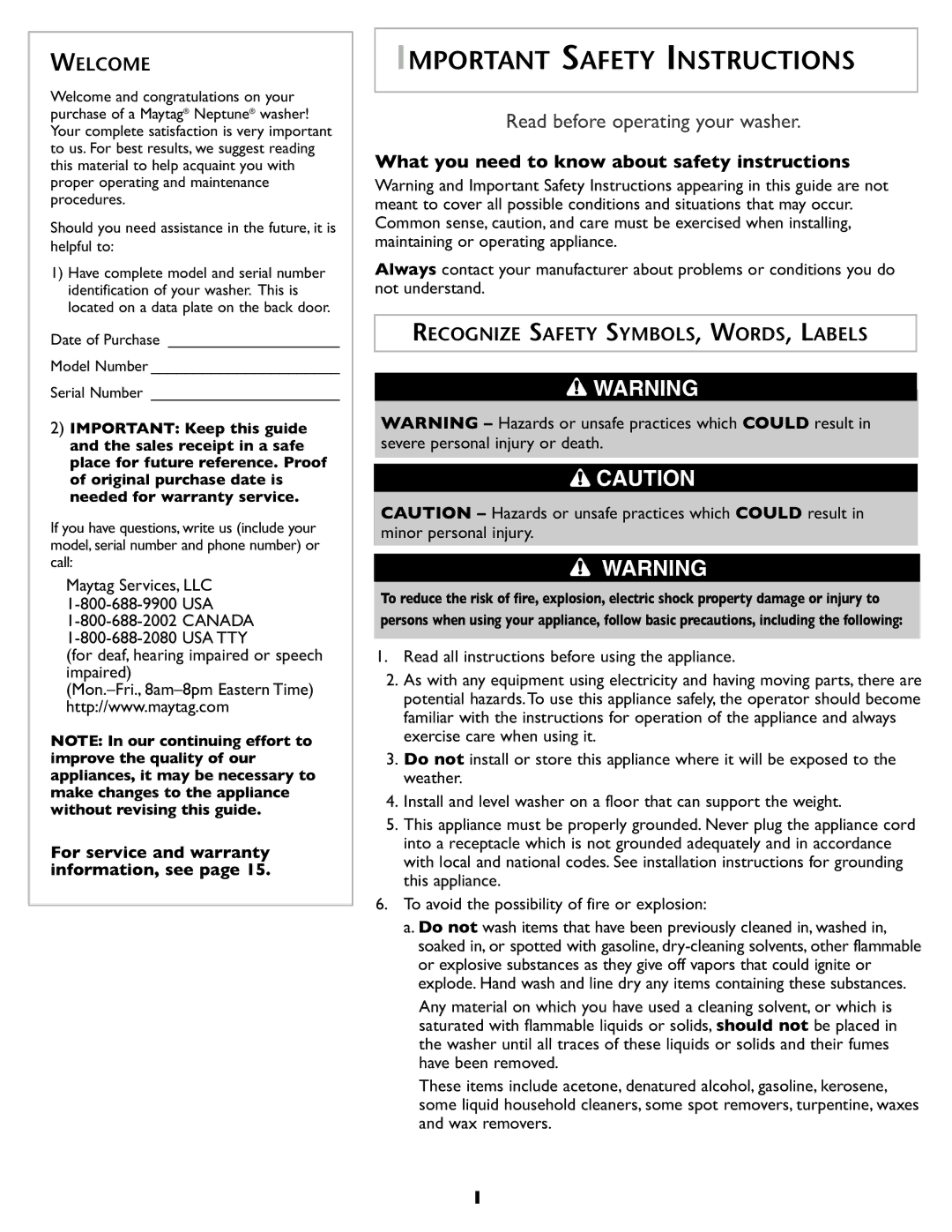 Maytag MAH-1 operating instructions Welcome, Recognize Safety SYMBOLS, WORDS, Labels 