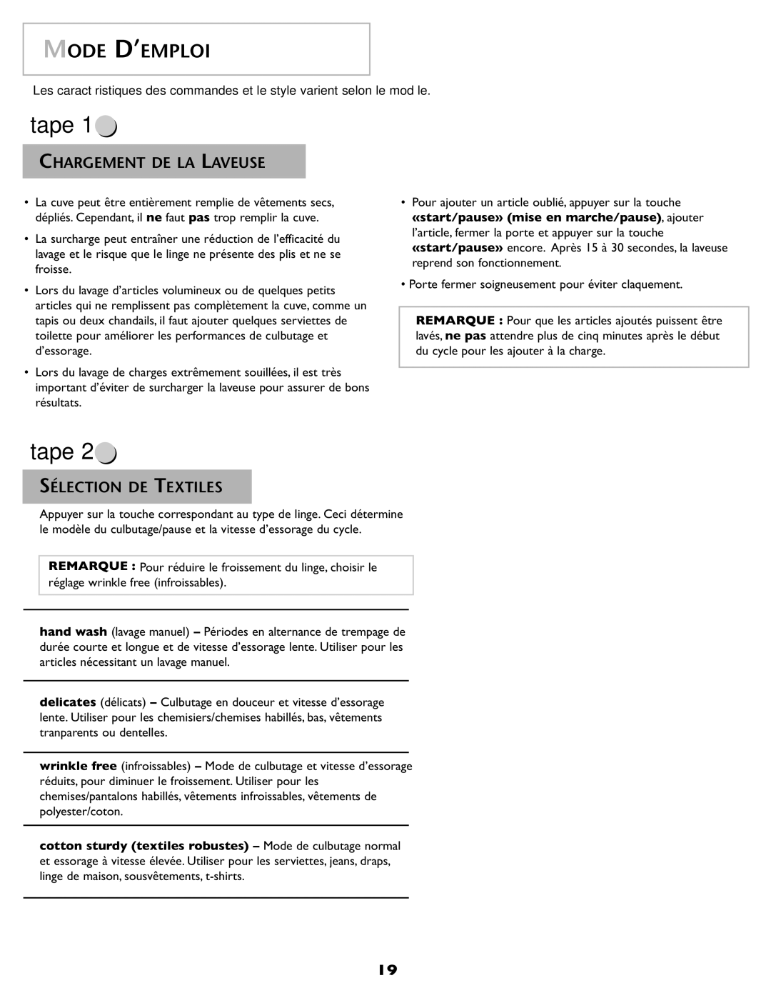 Maytag MAH-1 operating instructions Mode D’EMPLOI, Chargement DE LA Laveuse, Sélection DE Textiles 