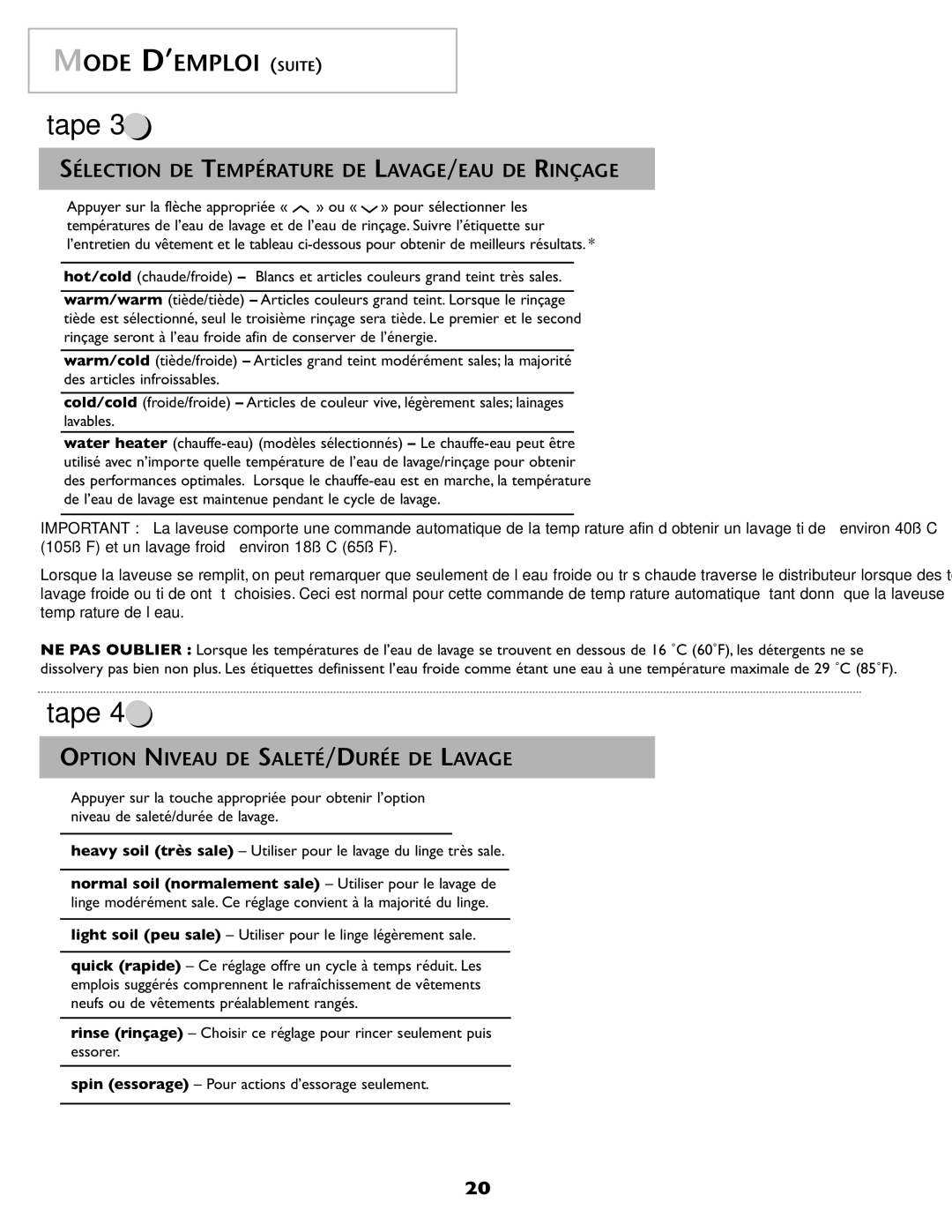 Maytag MAH-1 operating instructions Mode D’EMPLOI Suite, Sélection DE Température DE LAVAGE/EAU DE Rinçage 