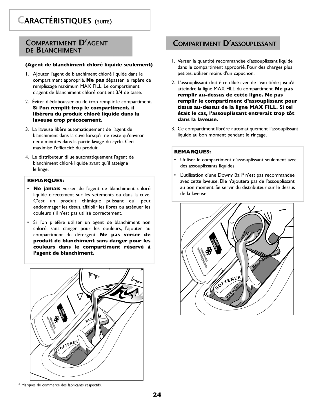 Maytag MAH-1 Caractéristiques Suite, Compartiment D’AGENT DE Blanchiment, Compartiment D’ASSOUPLISSANT 