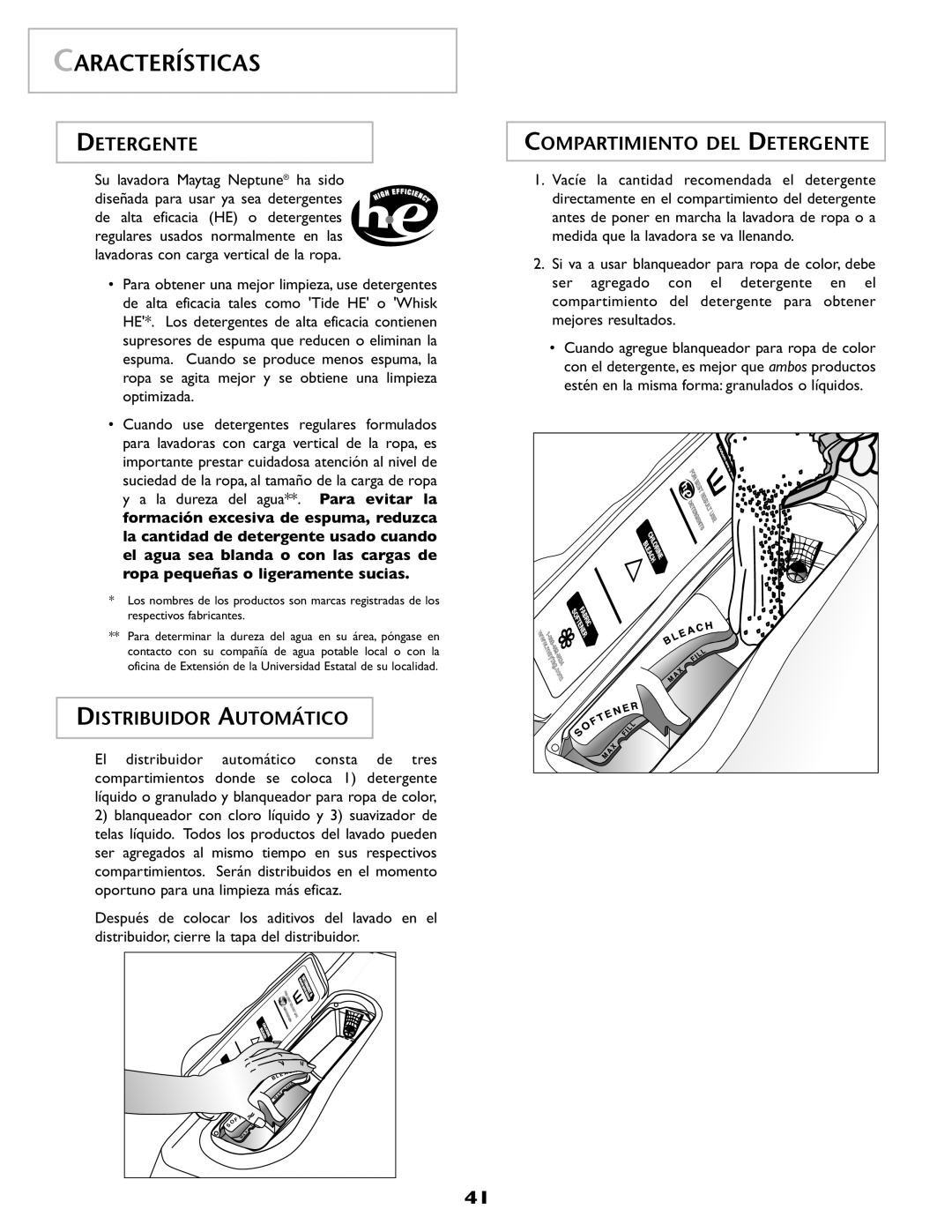 Maytag MAH-1 operating instructions Características, Distribuidor Automático, Compartimiento DEL Detergente 