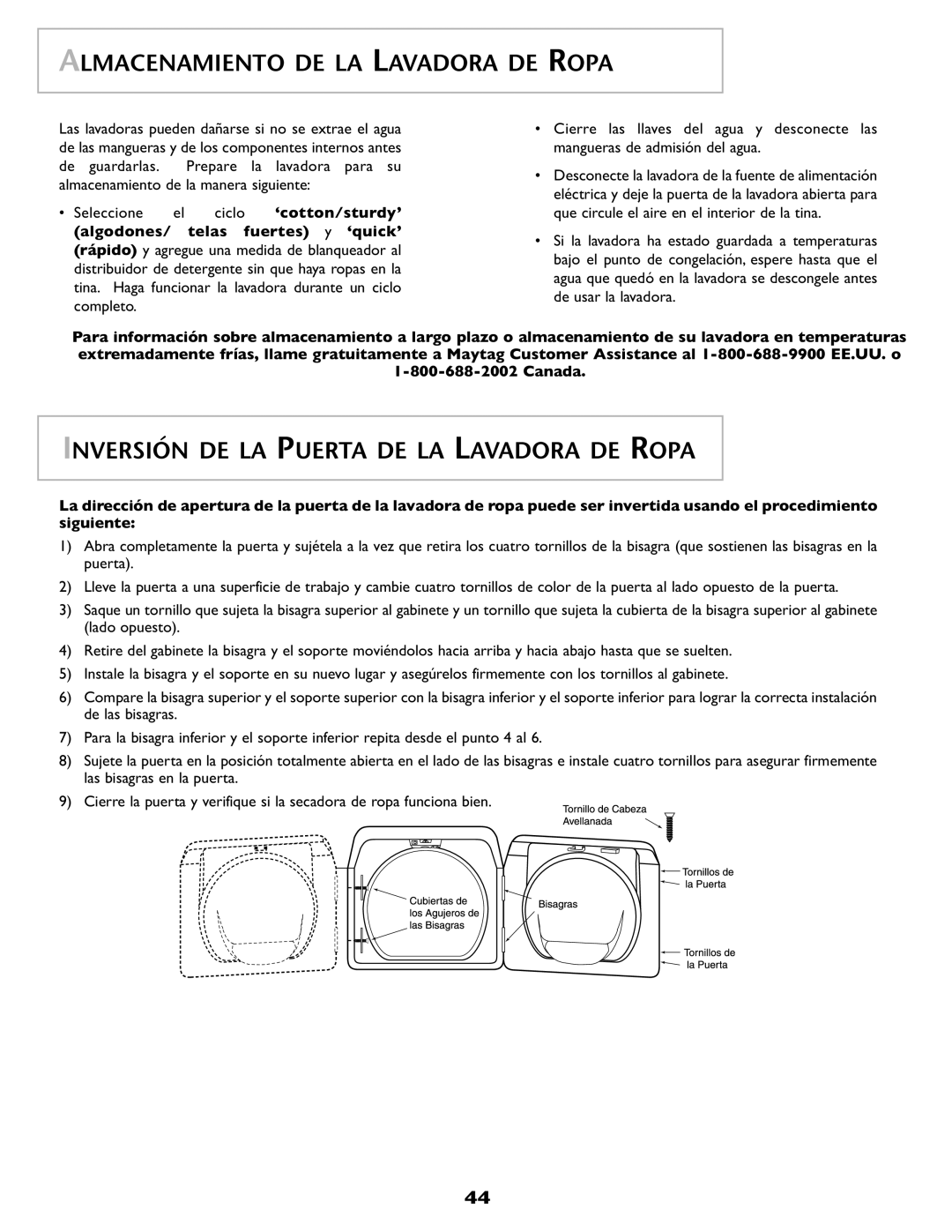 Maytag MAH-1 operating instructions Almacenamiento DE LA Lavadora DE Ropa, Inversión DE LA Puerta DE LA Lavadora DE Ropa 