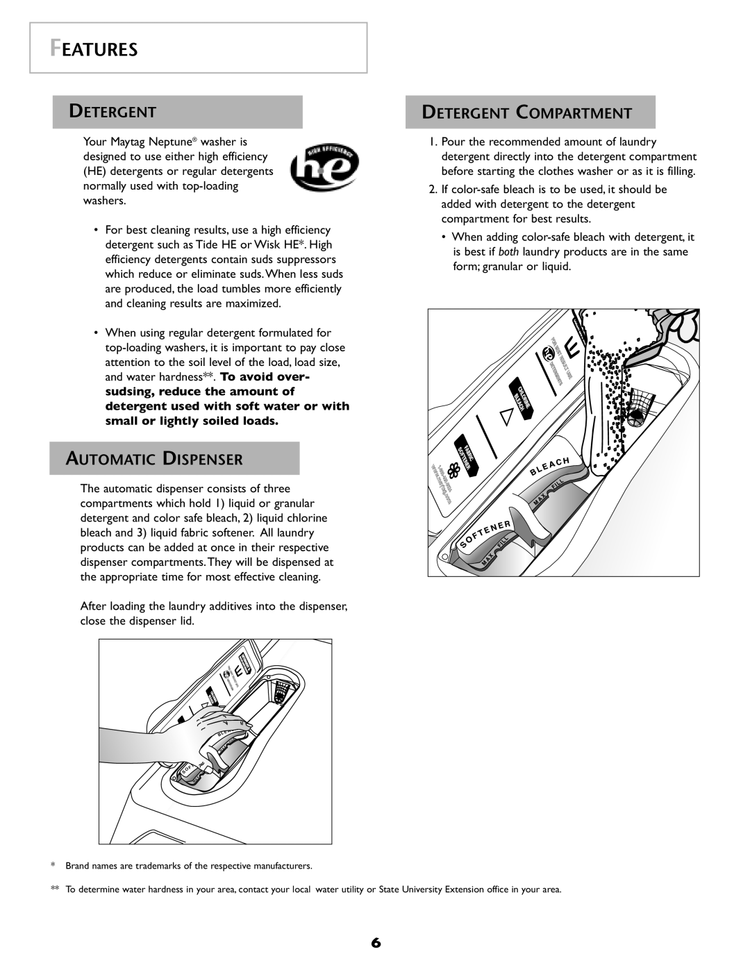 Maytag MAH-1 operating instructions Features, Automatic Dispenser, Detergent Compartment 