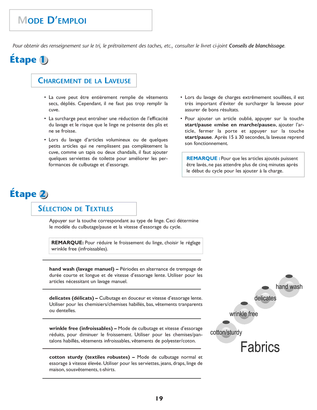 Maytag MAH-1 operating instructions Mode D’EMPLOI, Chargement DE LA Laveuse, Sélection DE Textiles 