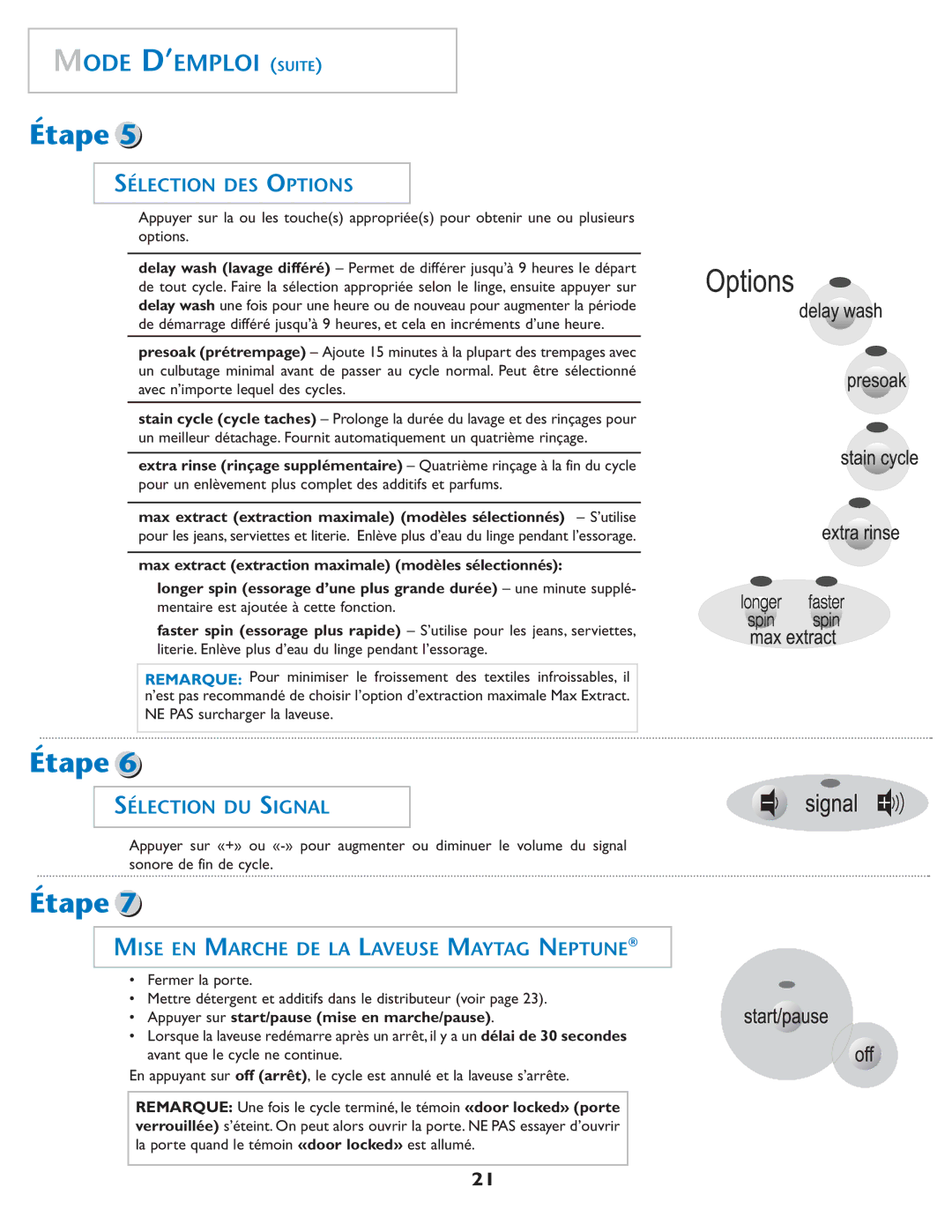 Maytag MAH-1 Mode D’EMPLOI Suite, Sélection DES Options, Sélection DU Signal, Mise EN Marche DE LA Laveuse Maytag Neptune 