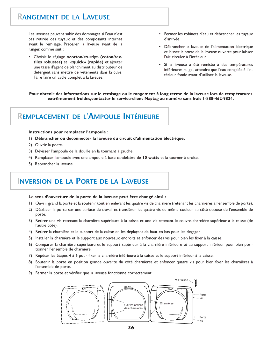 Maytag MAH-1 Rangement DE LA Laveuse, Remplacement DE Lampoule Intérieure, Inversion DE LA Porte DE LA Laveuse 