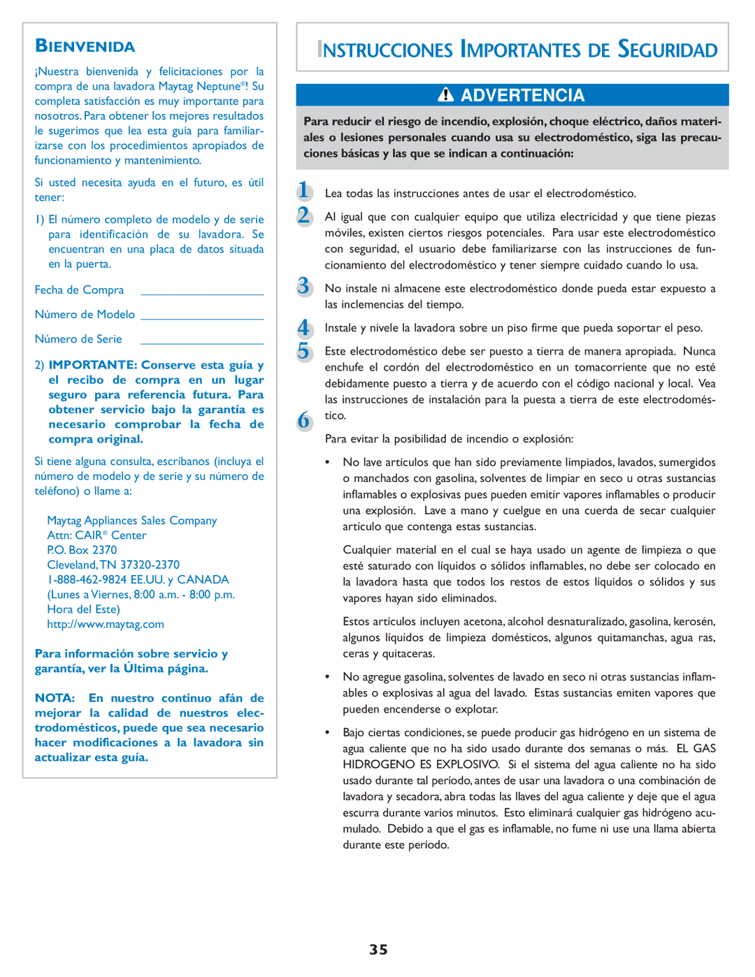 Maytag MAH-1 operating instructions Bienvenida, Tico, Para evitar la posibilidad de incendio o explosión 