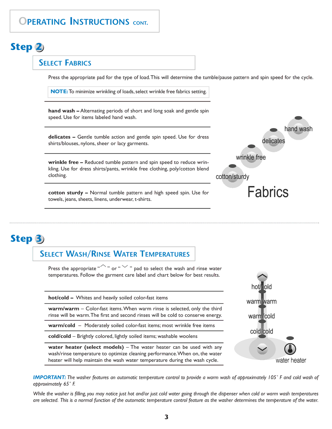 Maytag MAH-1 Select Fabrics, Select WASH/RINSE Water Temperatures, Hot/cold Whites and heavily soiled color-fast items 