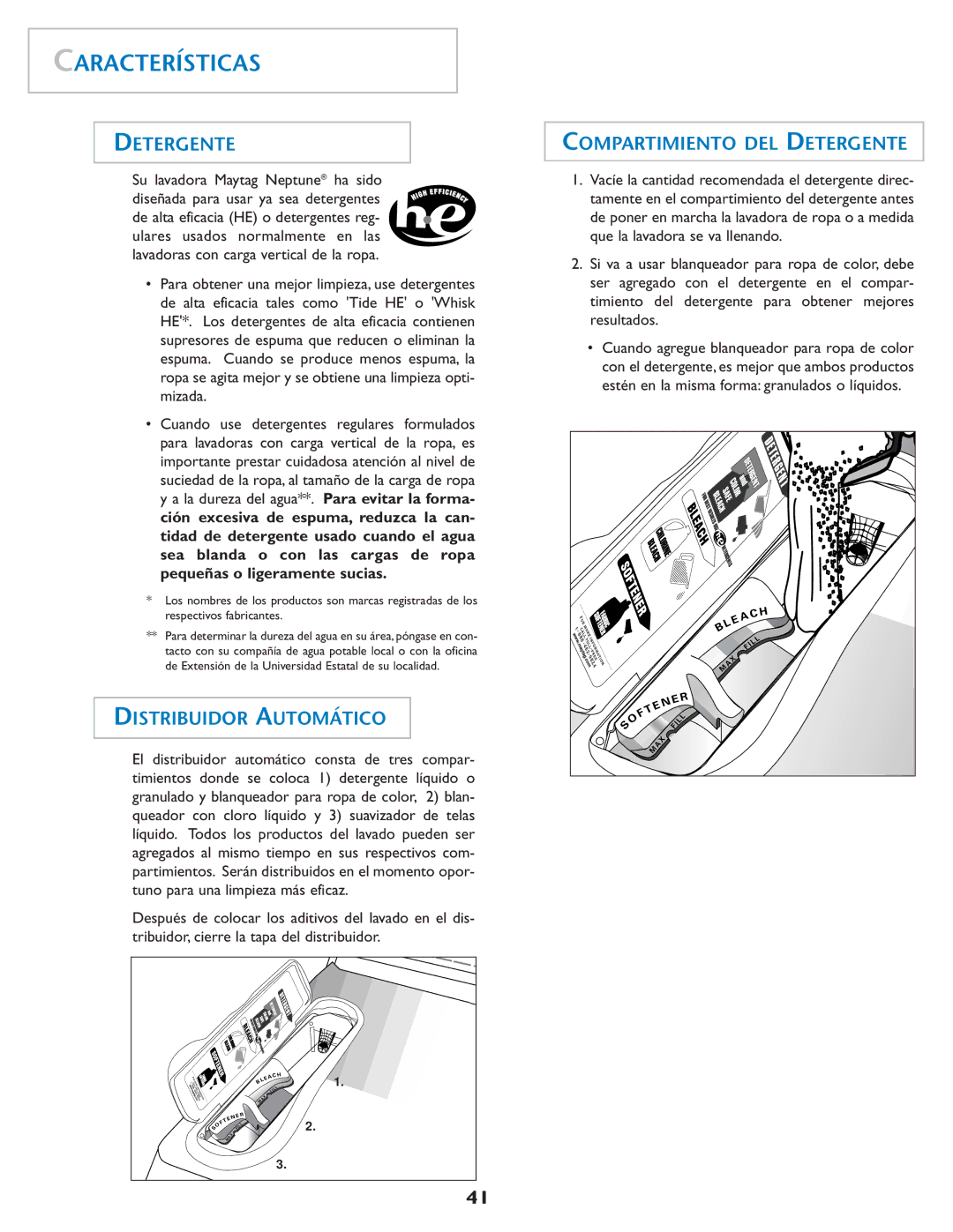 Maytag MAH-1 operating instructions Características, Distribuidor Automático, Compartimiento DEL Detergente 