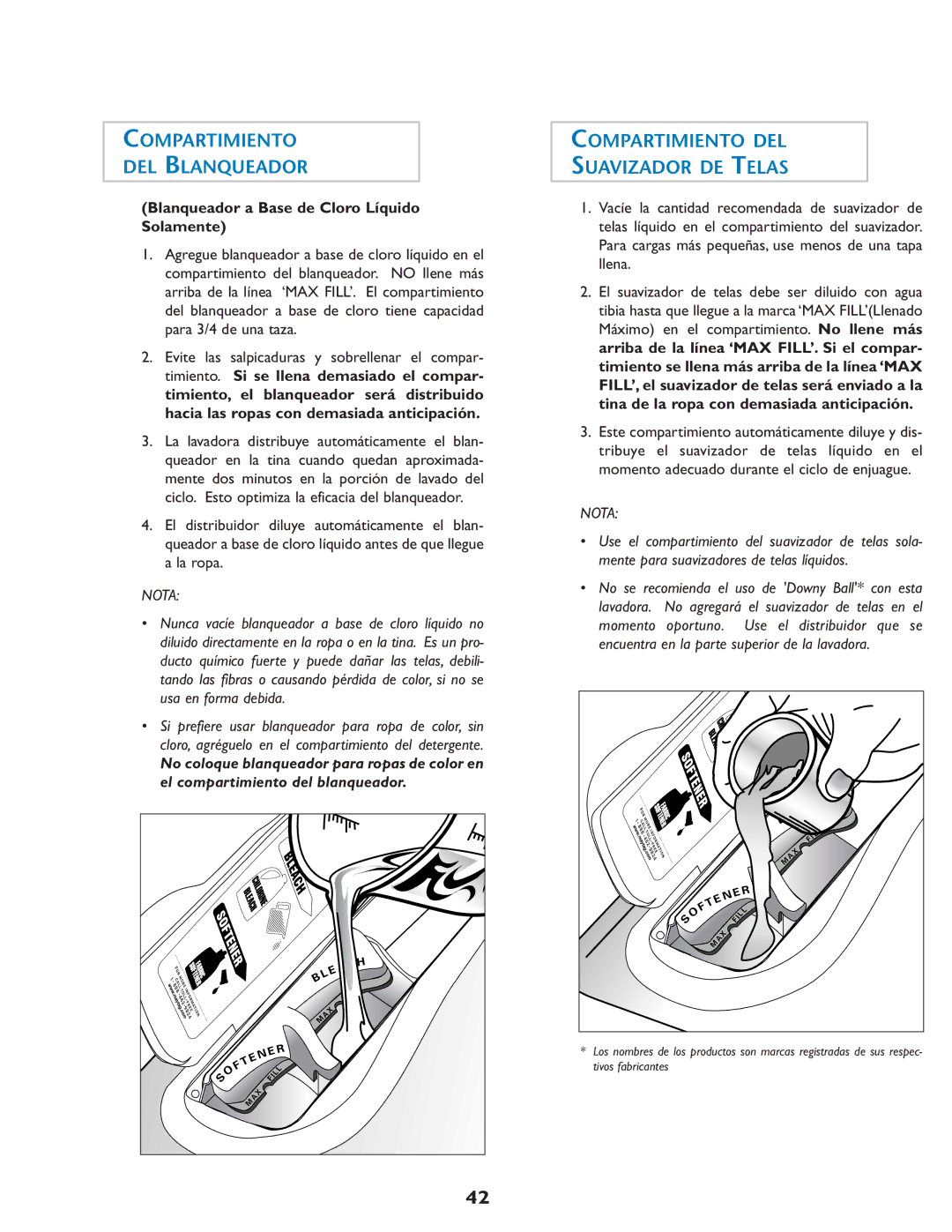 Maytag MAH-1 operating instructions Compartimiento DEL Blanqueador, Compartimiento DEL Suavizador DE Telas 