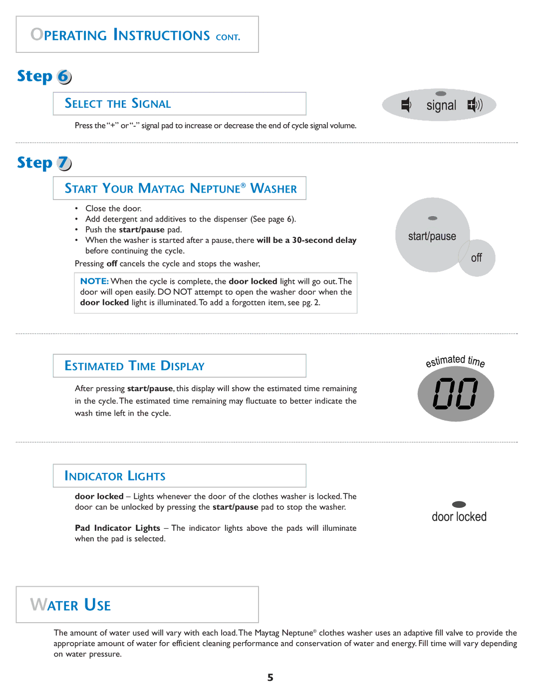 Maytag MAH-1 Water USE, Select the Signal, Start Your Maytag Neptune Washer, Estimated Time Display, Indicator Lights 