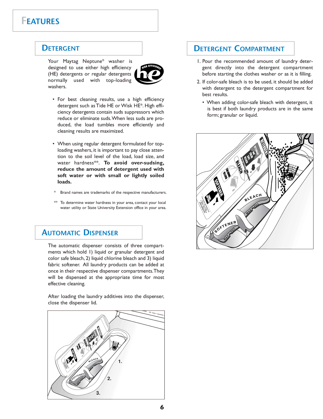 Maytag MAH-1 operating instructions Features, Automatic Dispenser, Detergent Compartment 