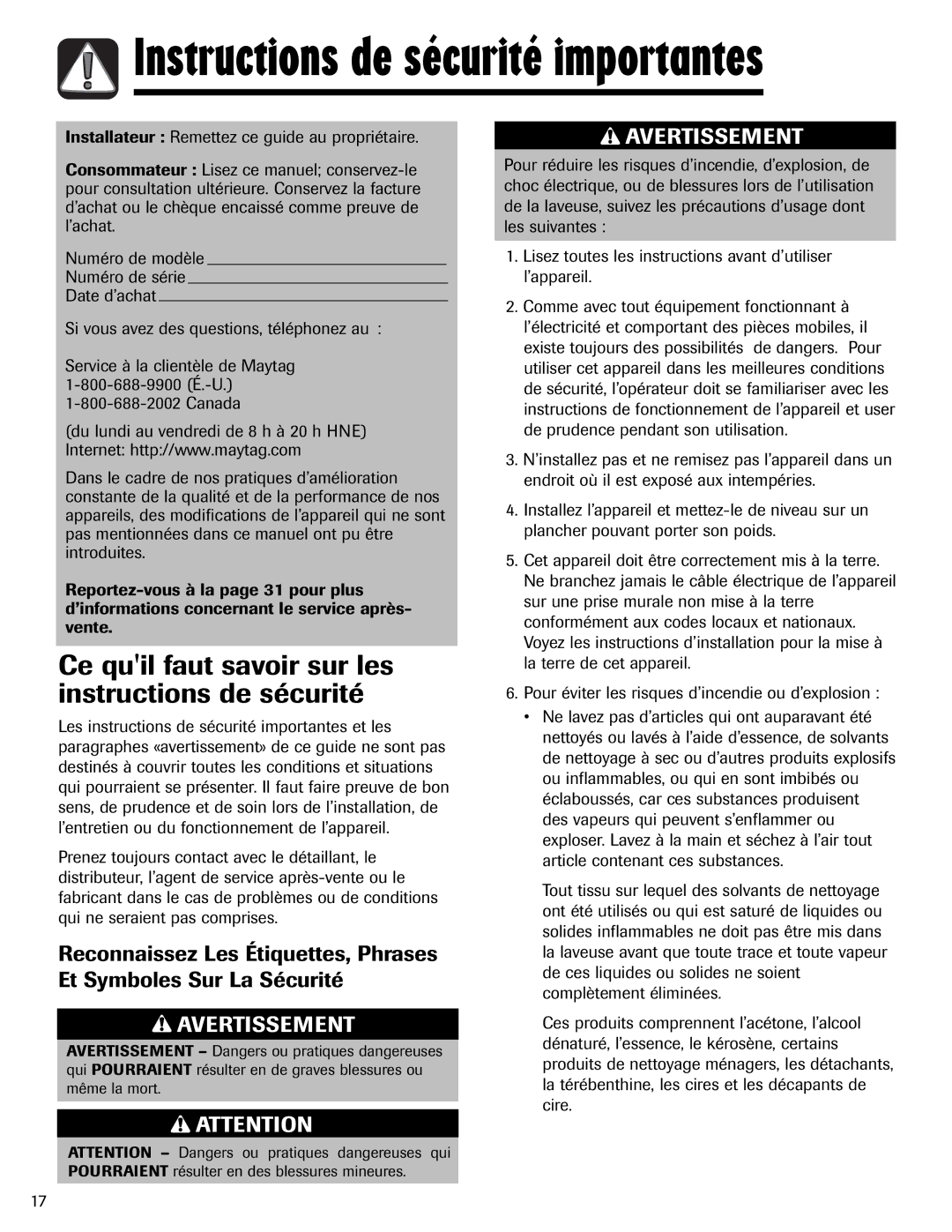 Maytag MAH-24 Instructions de sécurité importantes, Ce quil faut savoir sur les instructions de sécurité 