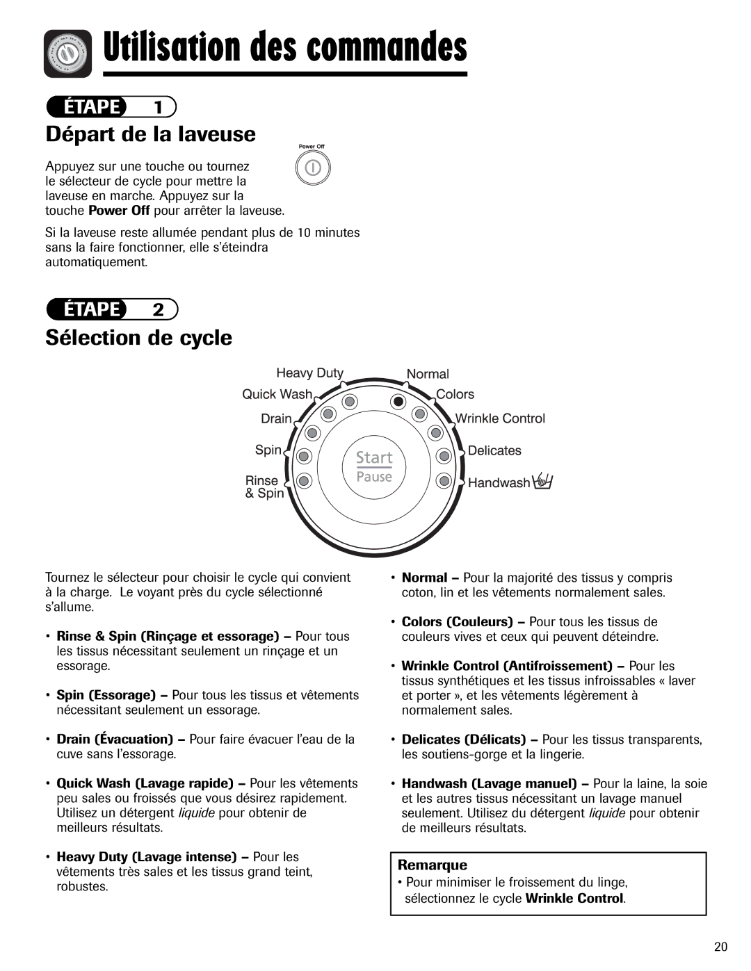 Maytag MAH-24 important safety instructions Utilisation des commandes, Sélection de cycle 