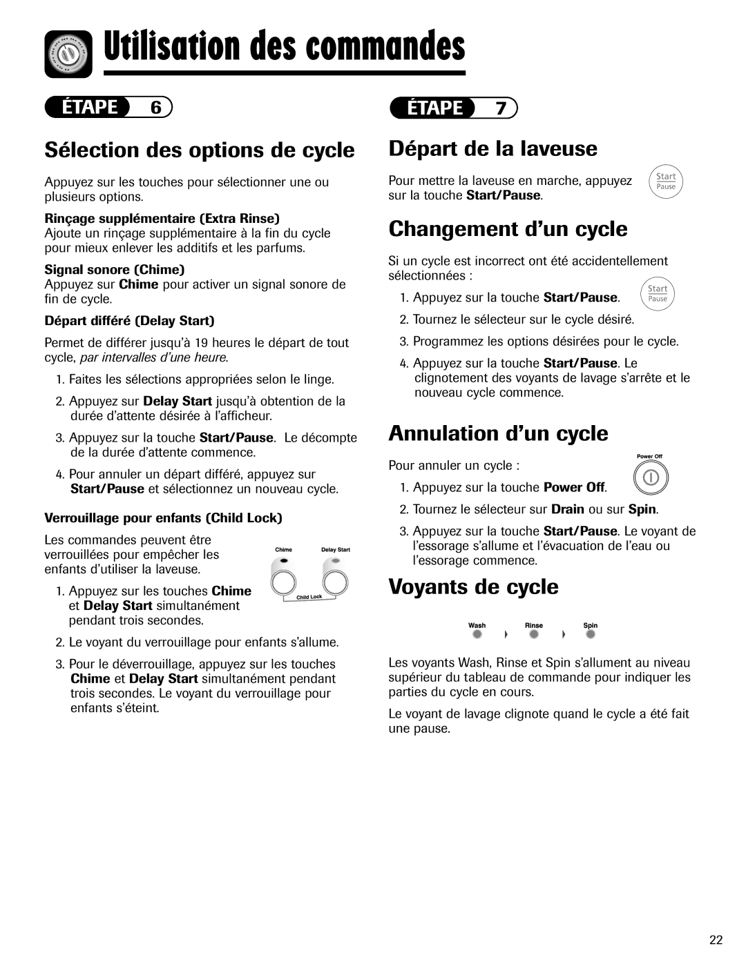 Maytag MAH-24 Sélection des options de cycle, Changement d’un cycle, Annulation d’un cycle, Voyants de cycle 