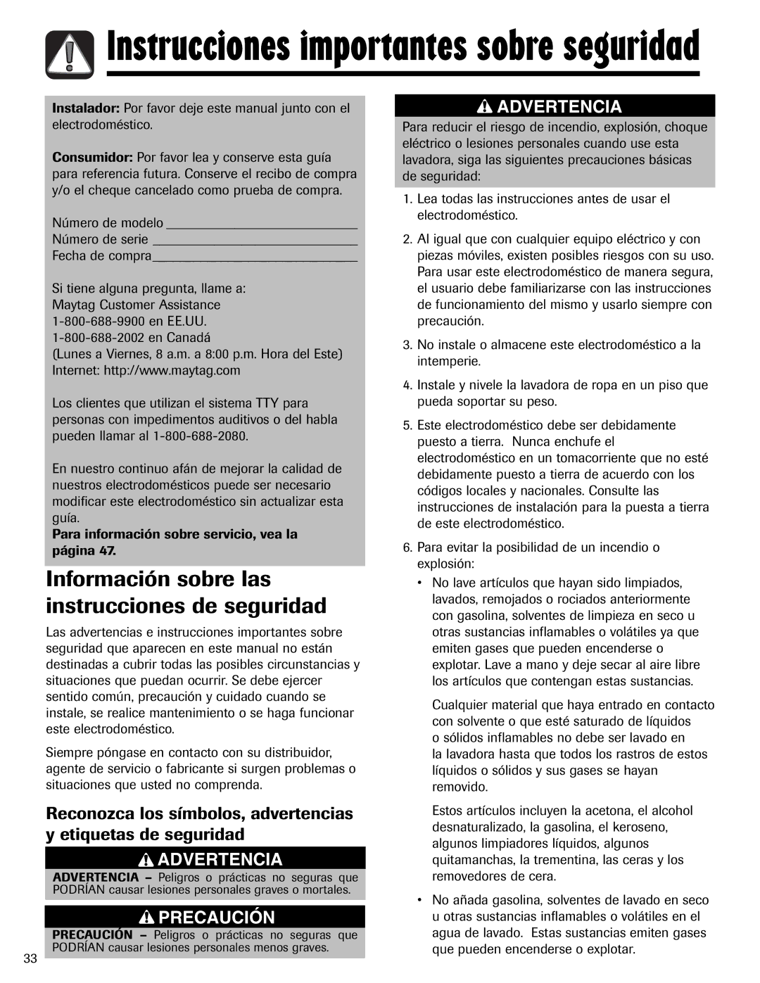 Maytag MAH-24 Instrucciones importantes sobre seguridad, Información sobre las instrucciones de seguridad 