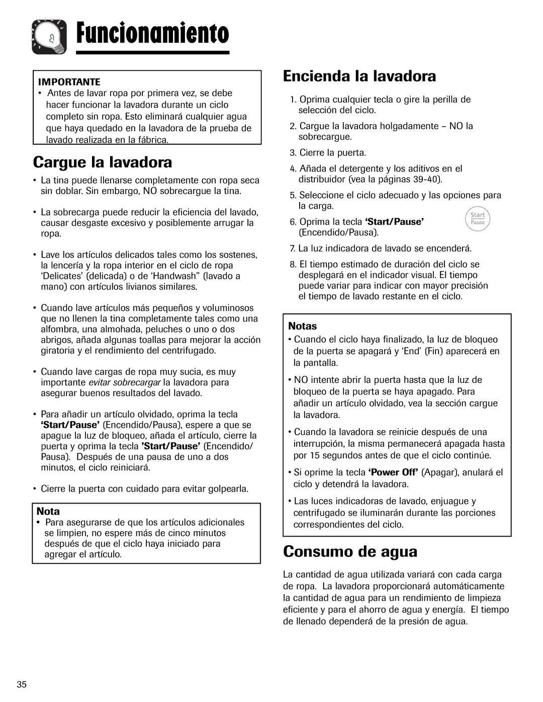 Maytag MAH-24 important safety instructions Cargue la lavadora, Encienda la lavadora, Consumo de agua, Notas 