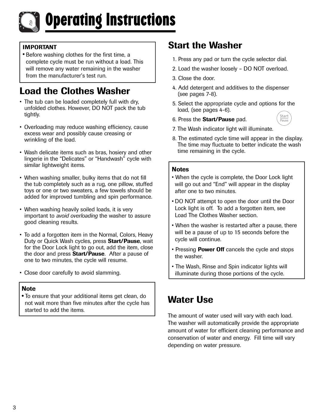 Maytag MAH-24 important safety instructions Operating Instructions, Load the Clothes Washer, Start the Washer, Water Use 