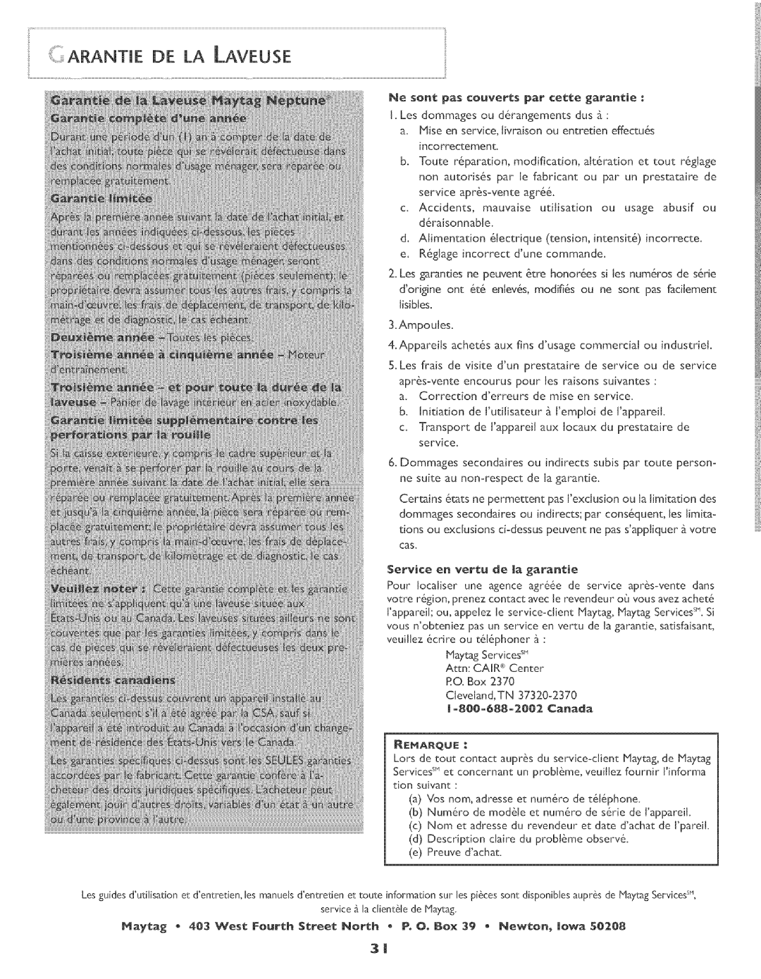 Maytag MAH-3 operating instructions Arante De La Laveuse 