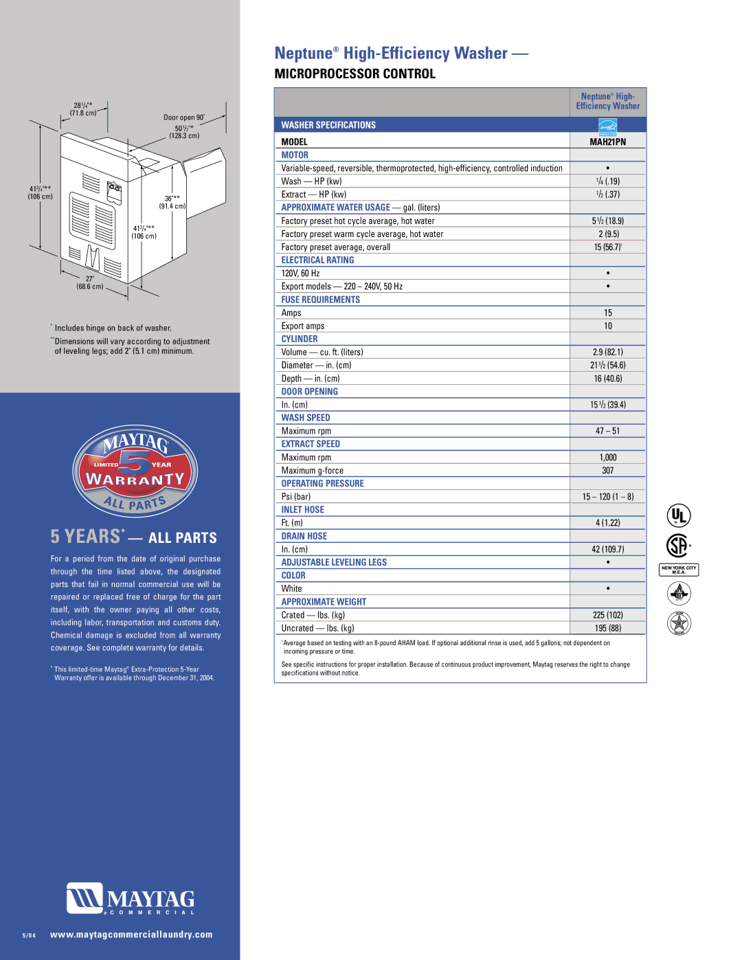 Maytag MAH21PN warranty Microprocessor Control, Washer Specifications 