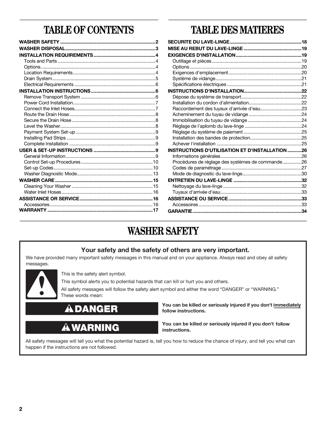 Maytag MAH22PDAGW0, MAH22PNAGW0 installation instructions Table DES Matieres, Washer Safety 