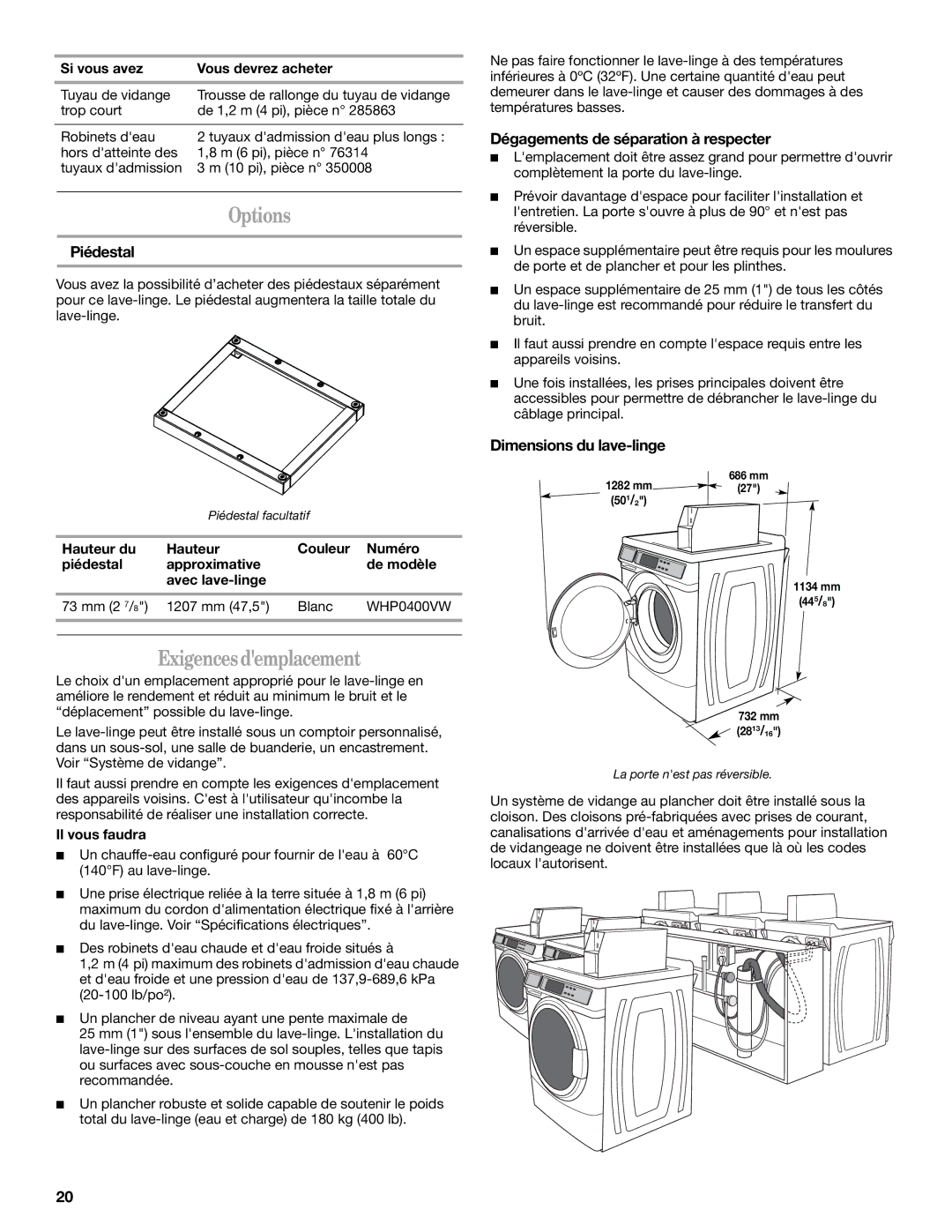 Maytag MAH22PDAGW0 Exigences demplacement, Piédestal, Dégagements de séparation à respecter, Dimensions du lave-linge 