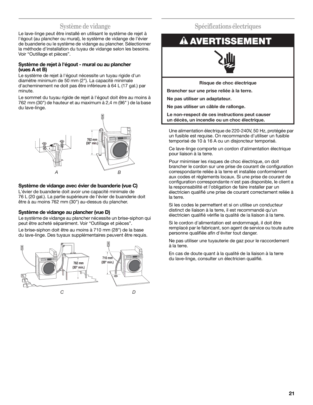 Maytag MAH22PNAGW0, MAH22PDAGW0 Spécifications électriques, Système de vidange avec évier de buanderie vue C 