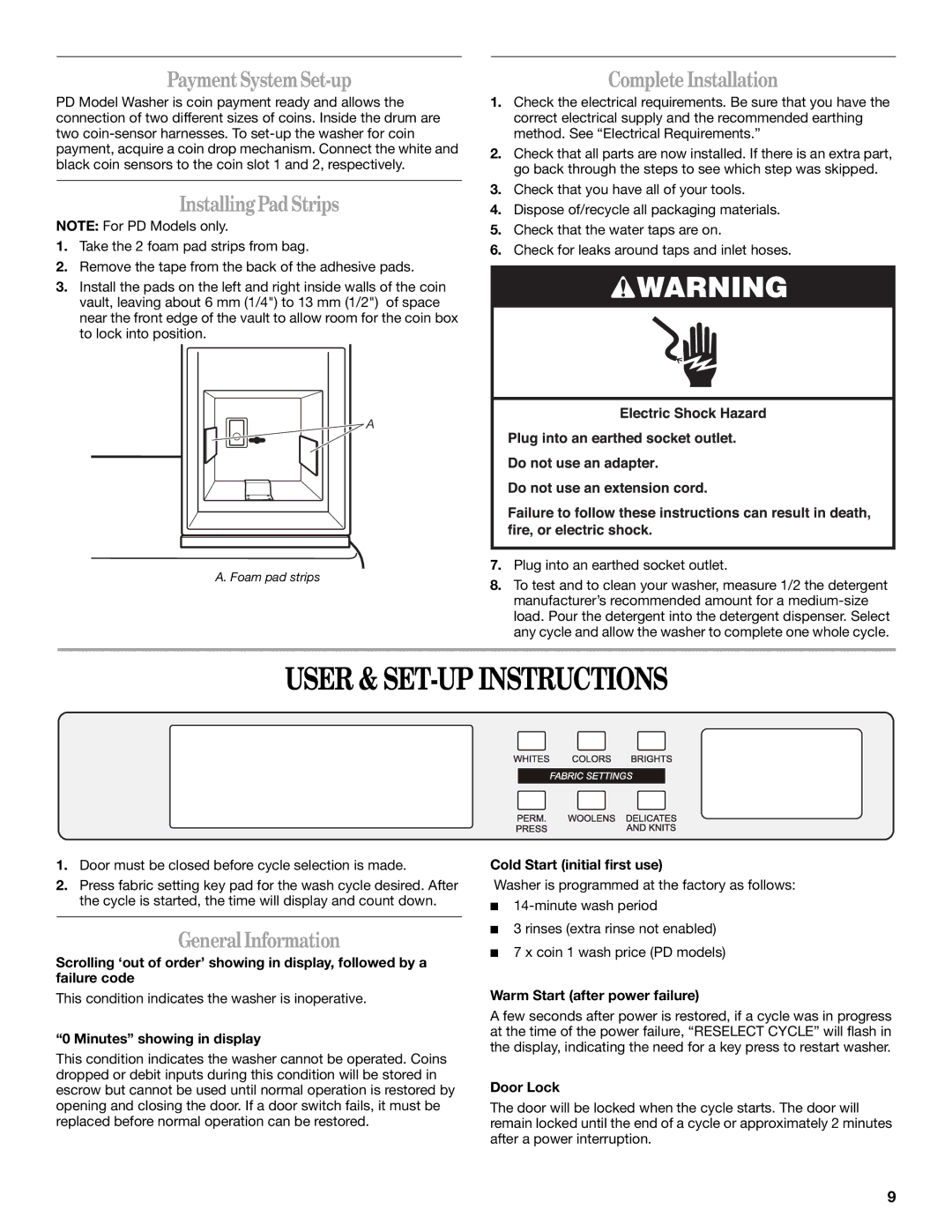 Maytag MAH22PNAGW0 User & SET-UP Instructions, Payment System Set-up, Installing Pad Strips, Complete Installation 