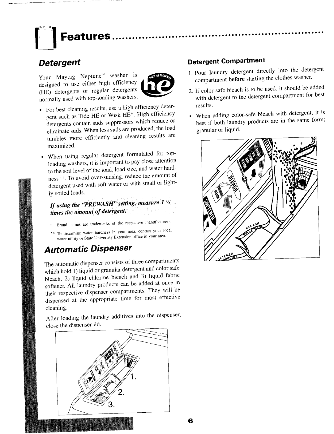 Maytag MAH4000 warranty Features, Automatic Dispenser, Detergent Compartment 