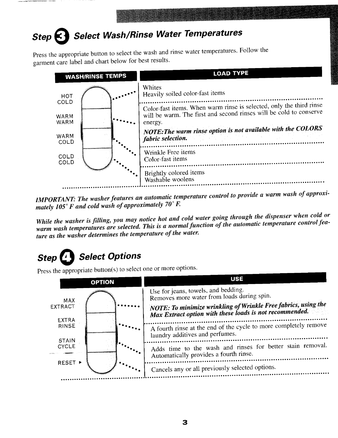 Maytag MAH550 warranty Step Select Wash/Rinse Water Temperatures, Step U Select Options, Wash rRINSE Temps 