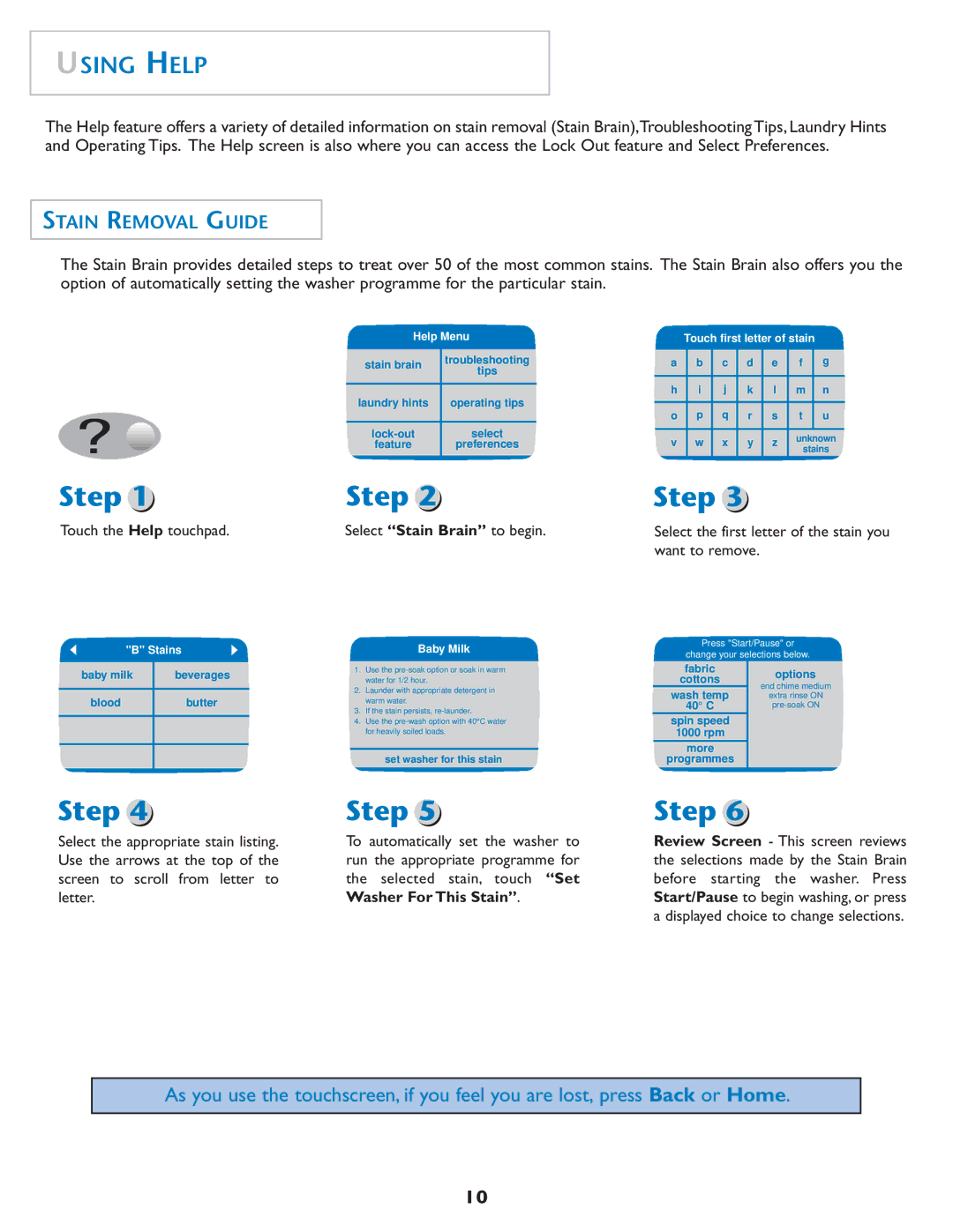 Maytag MAH7550AGW important safety instructions Using Help, Stain Removal Guide, Washer For This Stain 