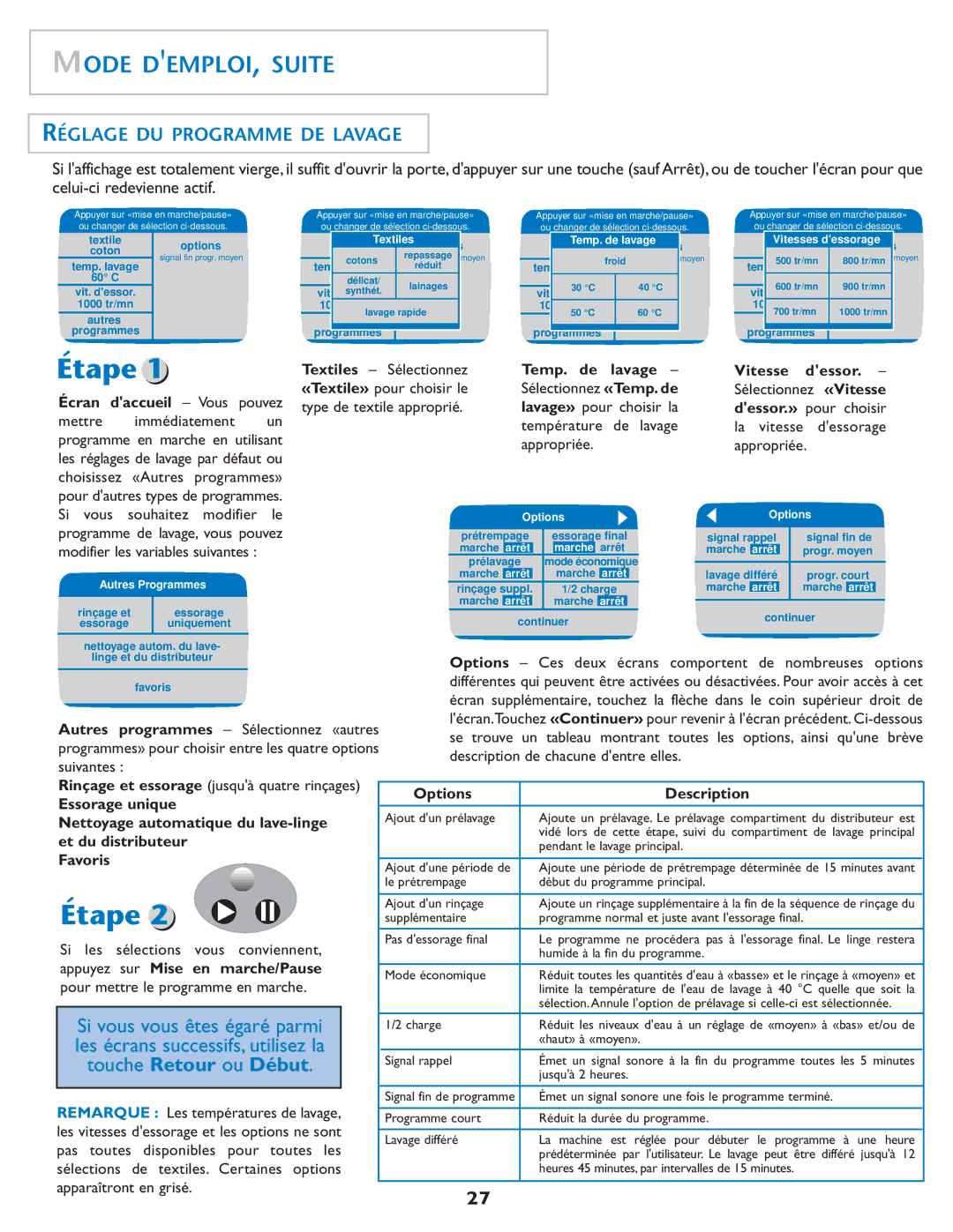 Maytag MAH7550AGW important safety instructions Réglage DU Programme DE Lavage 