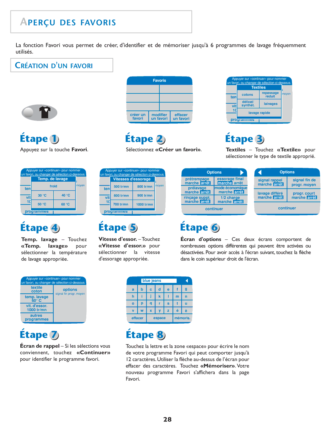 Maytag MAH7550AGW Aperçu DES Favoris, Création DUN Favori, Temp. lavage Touchez «Temp. lavage» pour, Sélectionner la 