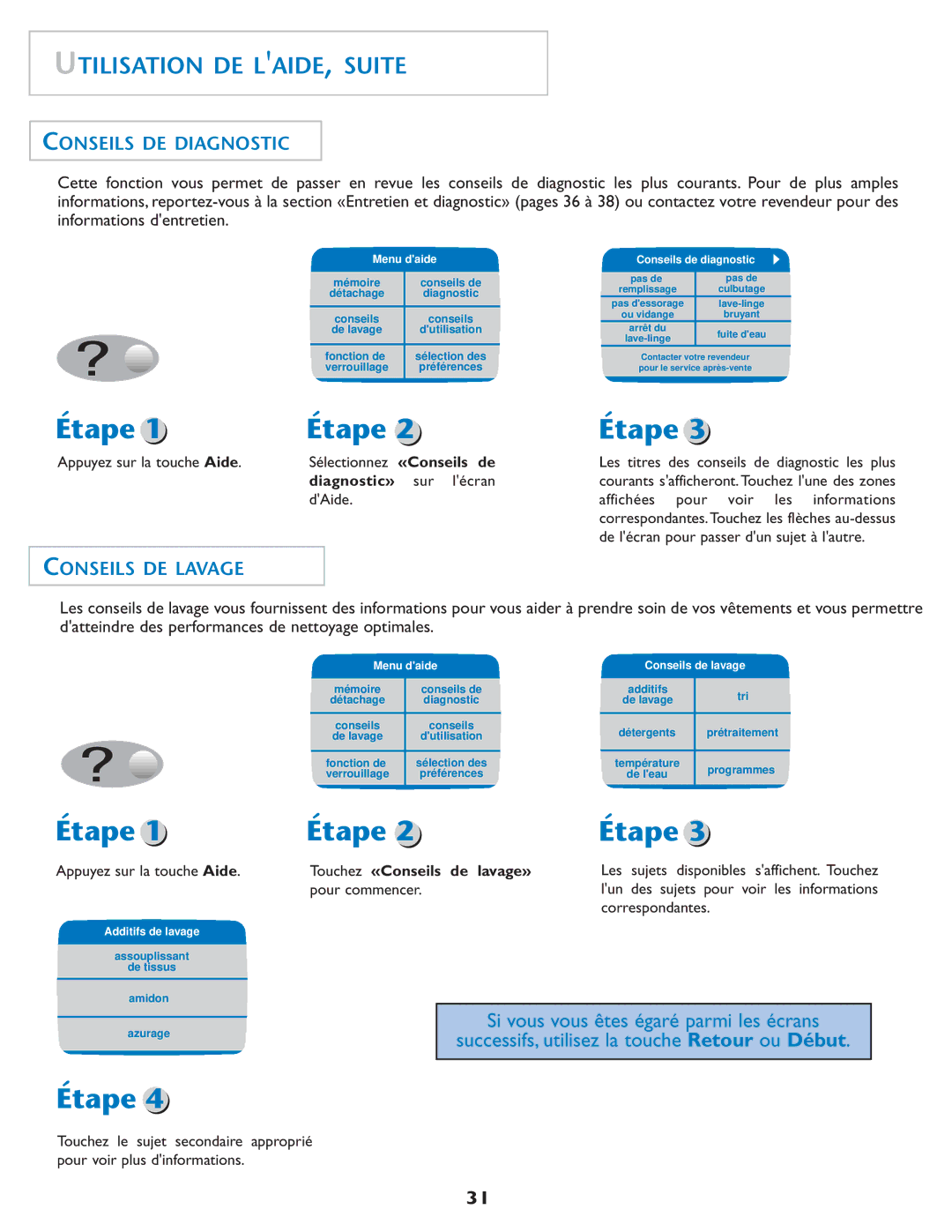 Maytag MAH7550AGW important safety instructions Utilisation DE LAIDE, Suite, Conseils DE Diagnostic, Conseils DE Lavage 