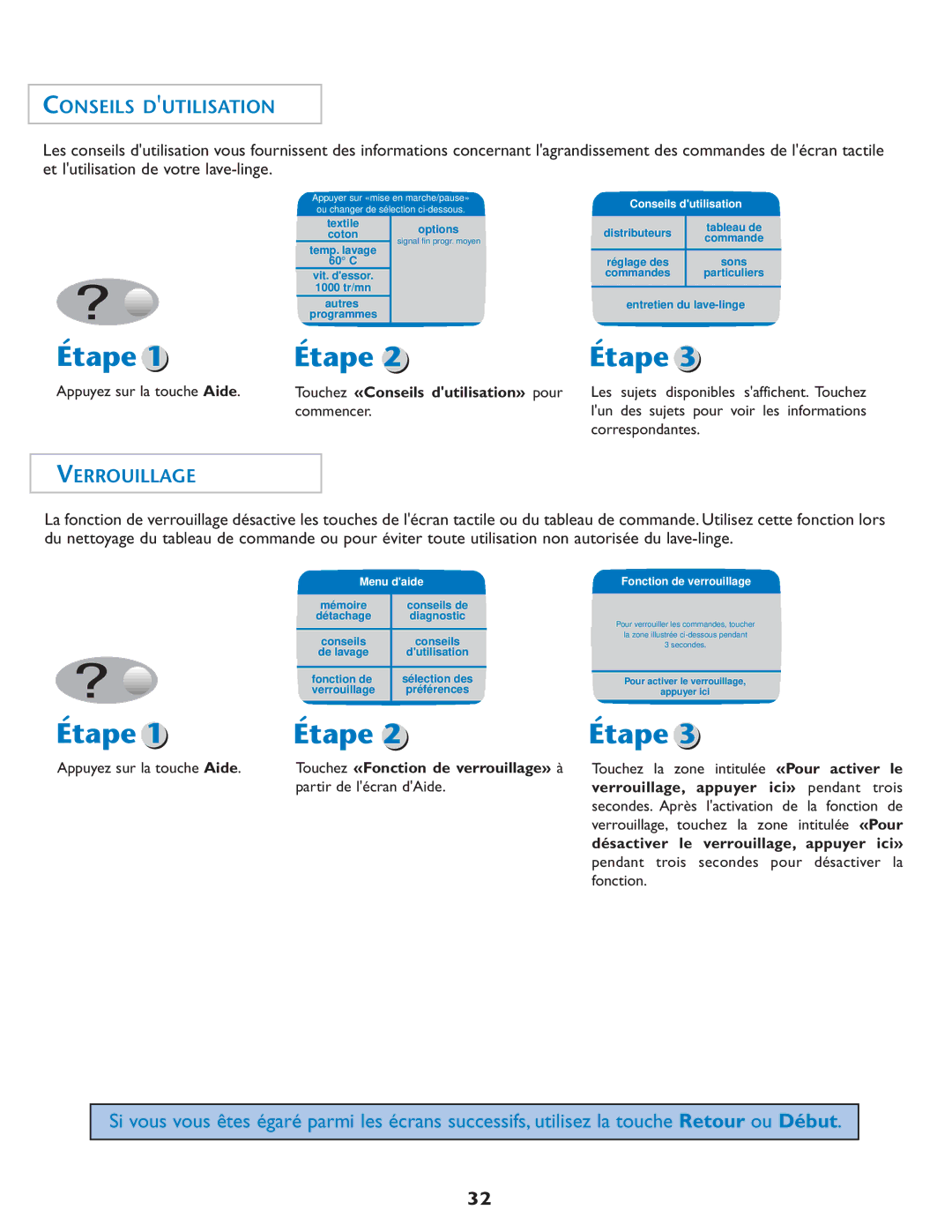 Maytag MAH7550AGW important safety instructions Conseils Dutilisation, Verrouillage 