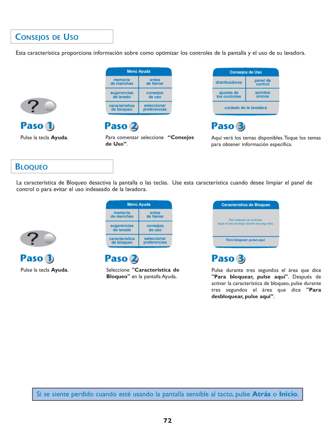 Maytag MAH7550AGW important safety instructions Consejos DE USO, Bloqueo, De Uso, Desbloquear, pulse aquí 